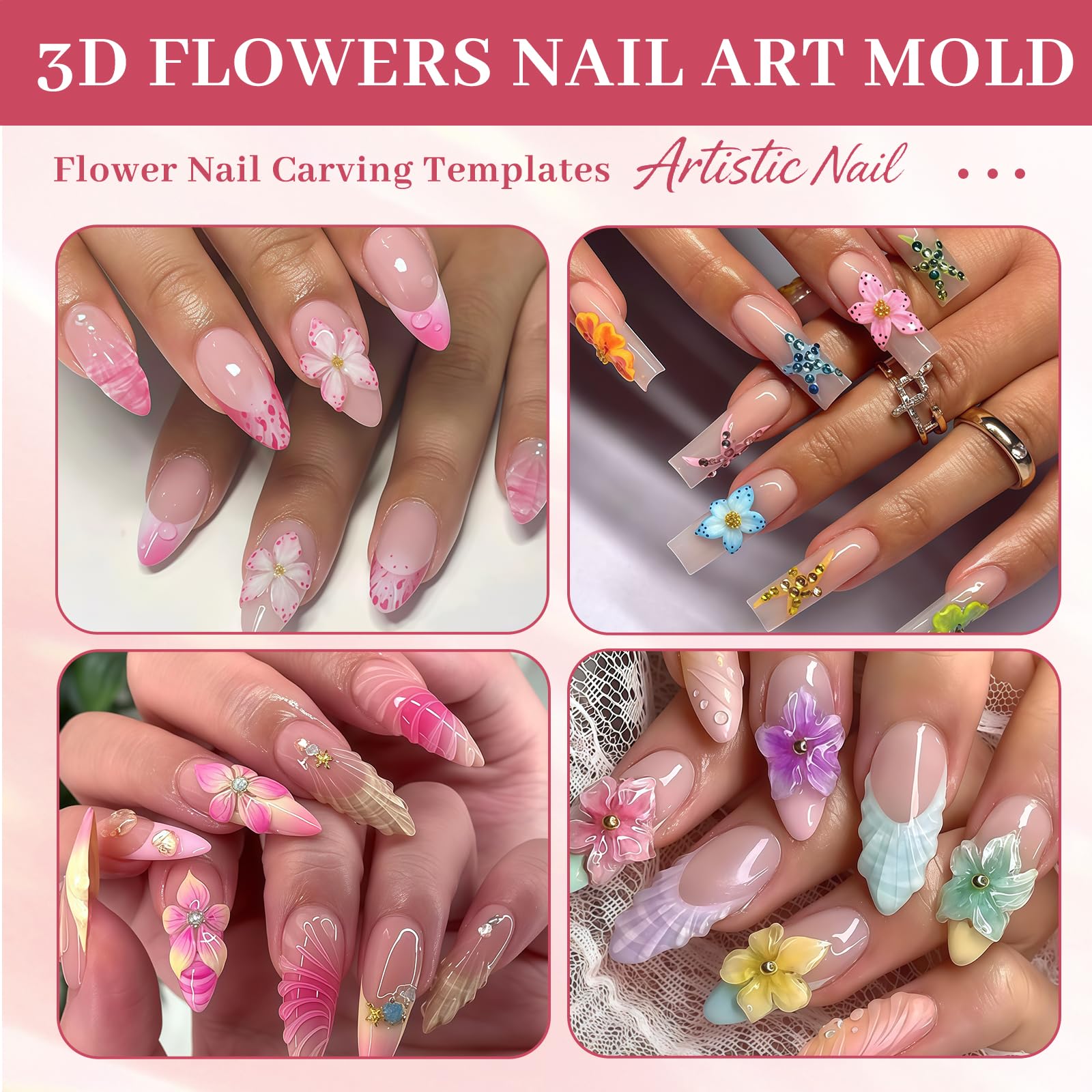Nails Mold, Stampo per Unghie per Nail Art con Forma in Silicone a Fiori, 3D Gel Nail Art Stampo per Accessori DIY Manicure