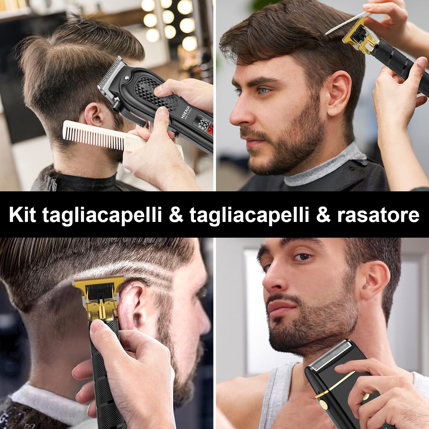 HIENA PRO Tagliacapelli Uomo Professionale, Macchinetta per Capelli Senza Fili, Regolabarba, Rasoio a Lamina, Kit Completo per Rasatura e Taglio di Capelli Elettrico