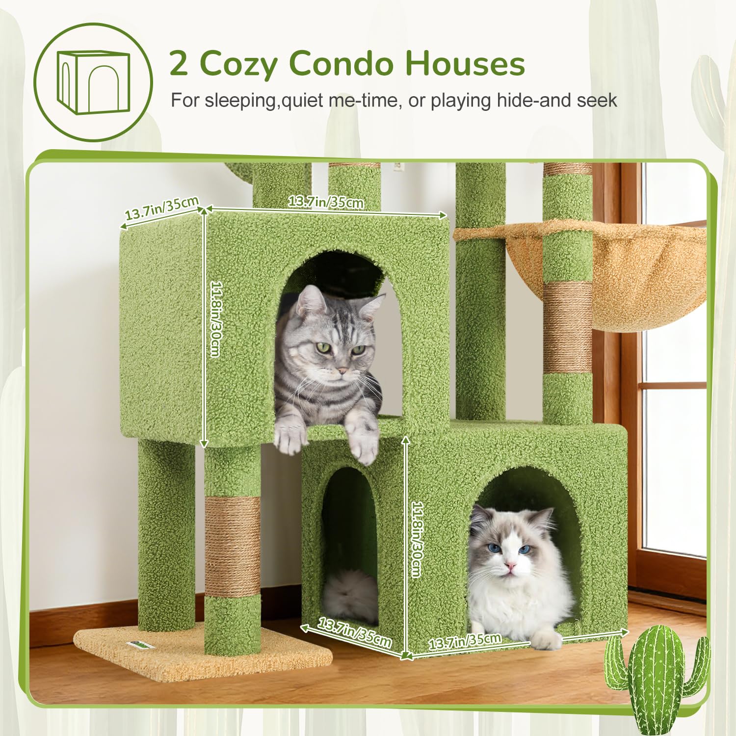 Globlazer Rascador para Gatos Cactus Verde con 2 Nidos, Plataformas Acolchada, Zitstang, Cesta, Peluche Juguete, Árbol Rascador Estable Alto 134 cm para Gatito Gato Viejo (S52, Verde)