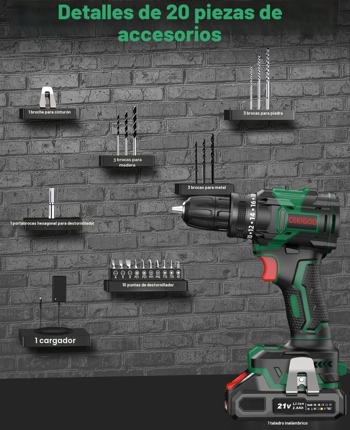 Taladro Atornillador Batería Sin Escobillas,Destornillador Electrico 21V con Batería 2.0Ah, Atornillador Bateria 42Nm, 18 +1 Ajuste de Par, 20 Accesorios, 2 Velocidad Para Hogar, Bricolaje