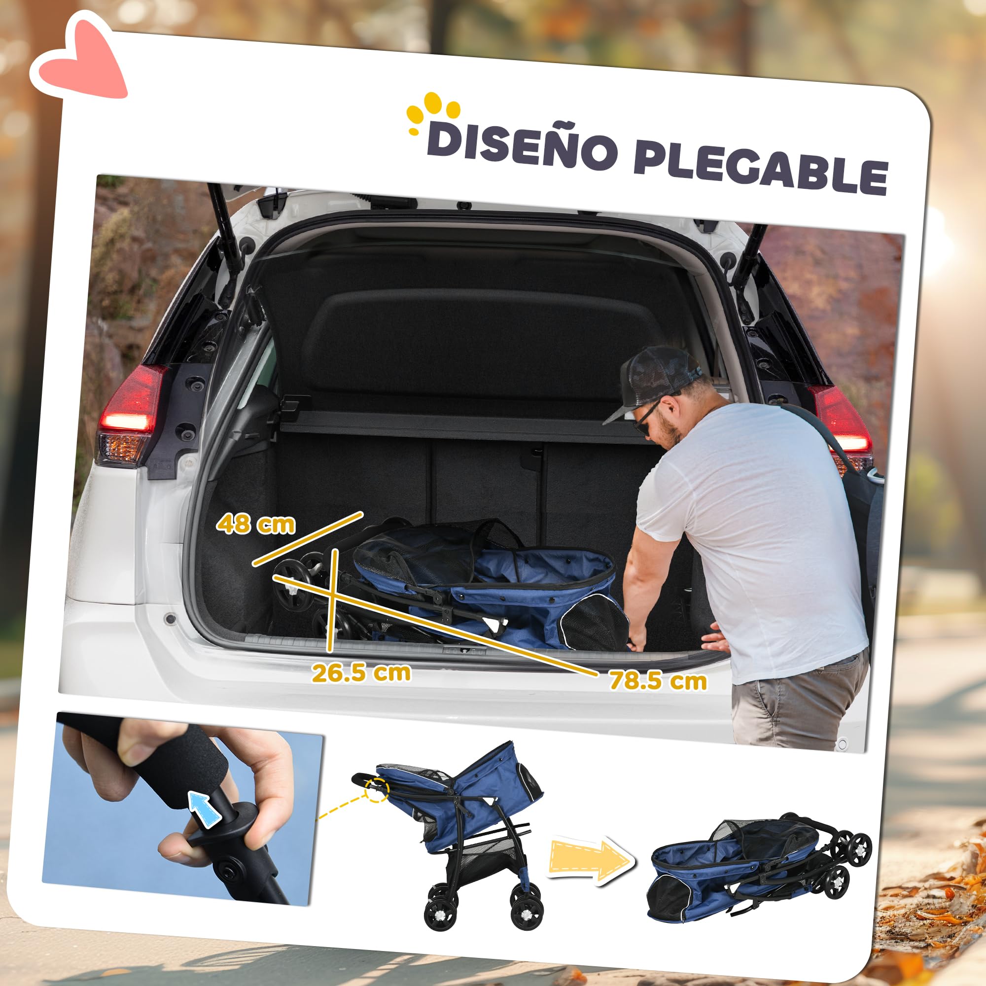 PawHut Carrito para Perros Plegable Cochecito para Mascotas Carrito para Perros Pequeños con Cesta Capota Ajustable Ventana de Malla y 2 Ruedas Universales Carga 15 kg 81x48x99 cm Azul Oscuro