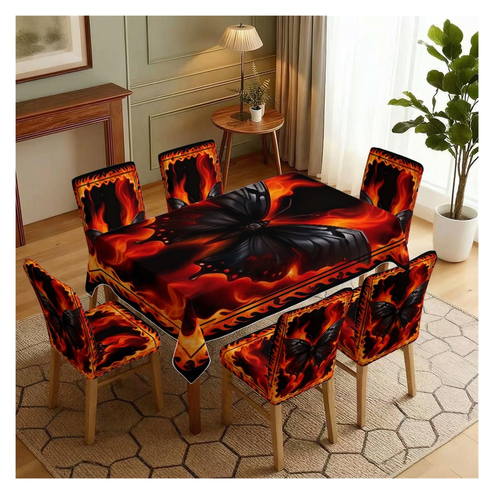 KXUAUV Gothic Black Butterfly Fire Flame Print Tablecloth And Chair Covers Set, Stretch Slipcovers For Halloween Themed Dining Room Decor, 5/7 Pack Party Decor(7pcs Set: Tablecloth+Chair Covers)