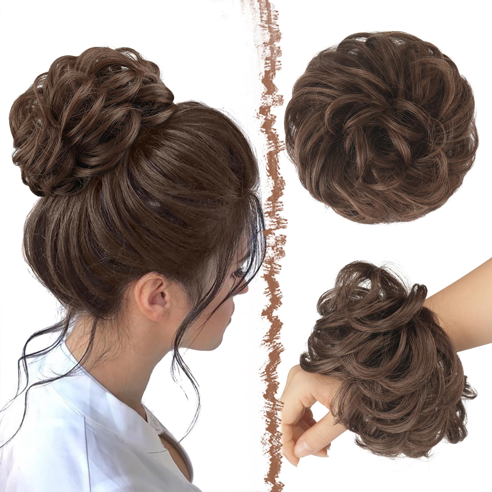 FESHFEN Messy Bun Hair Piece - Large Elastic Wavy Curly Hair Bun Scrunchies Ponytail Extensions Synthetic Chignon Hairpieces for Women, Brunette Brown 1.94oz