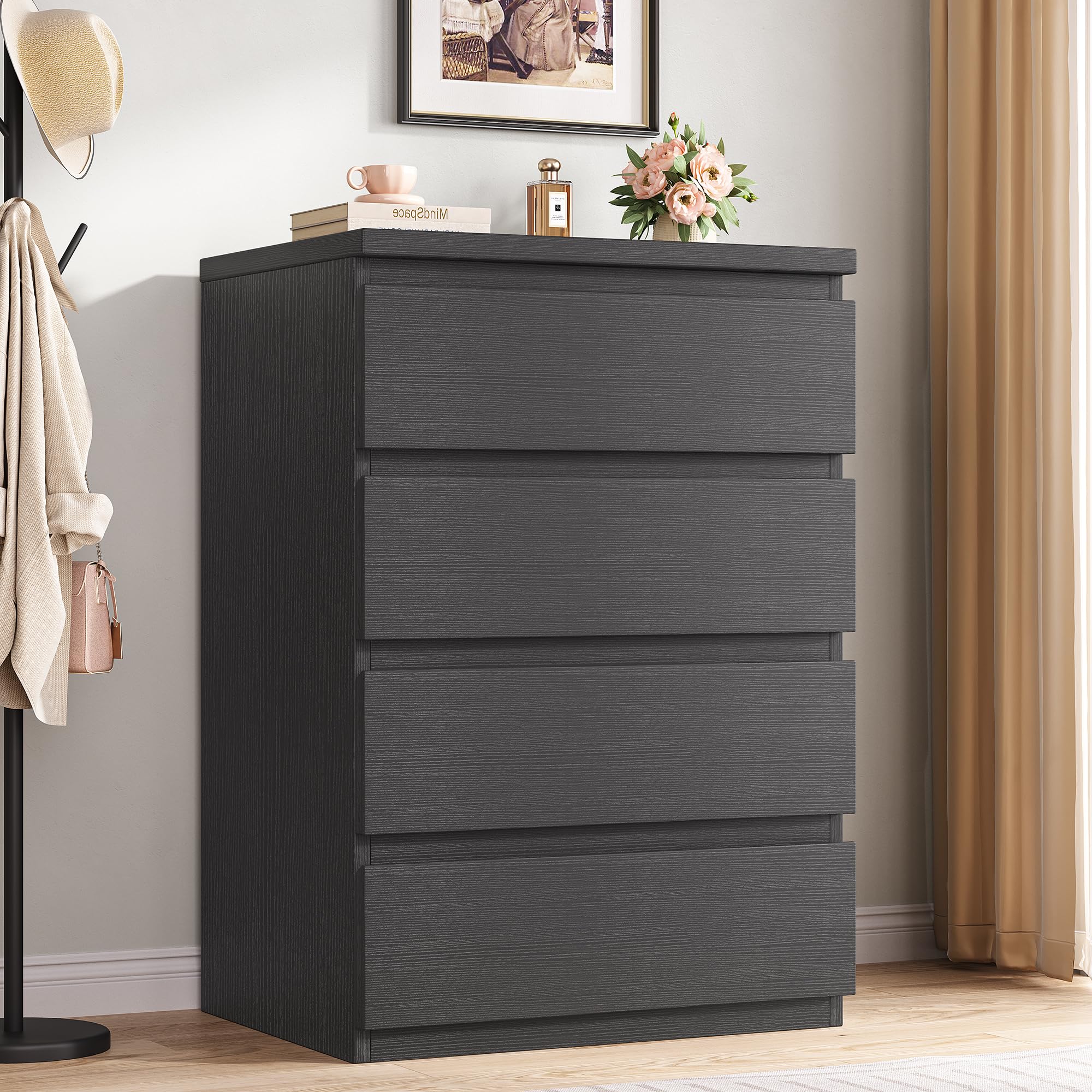 Jocoevol 4 Drawer Dresser for Bedroom, Black Dresser Chest of Drawers - Large Wood Dressers TV Stand with Deep Drawers Dressers for Living Room, Hallway, Entryway