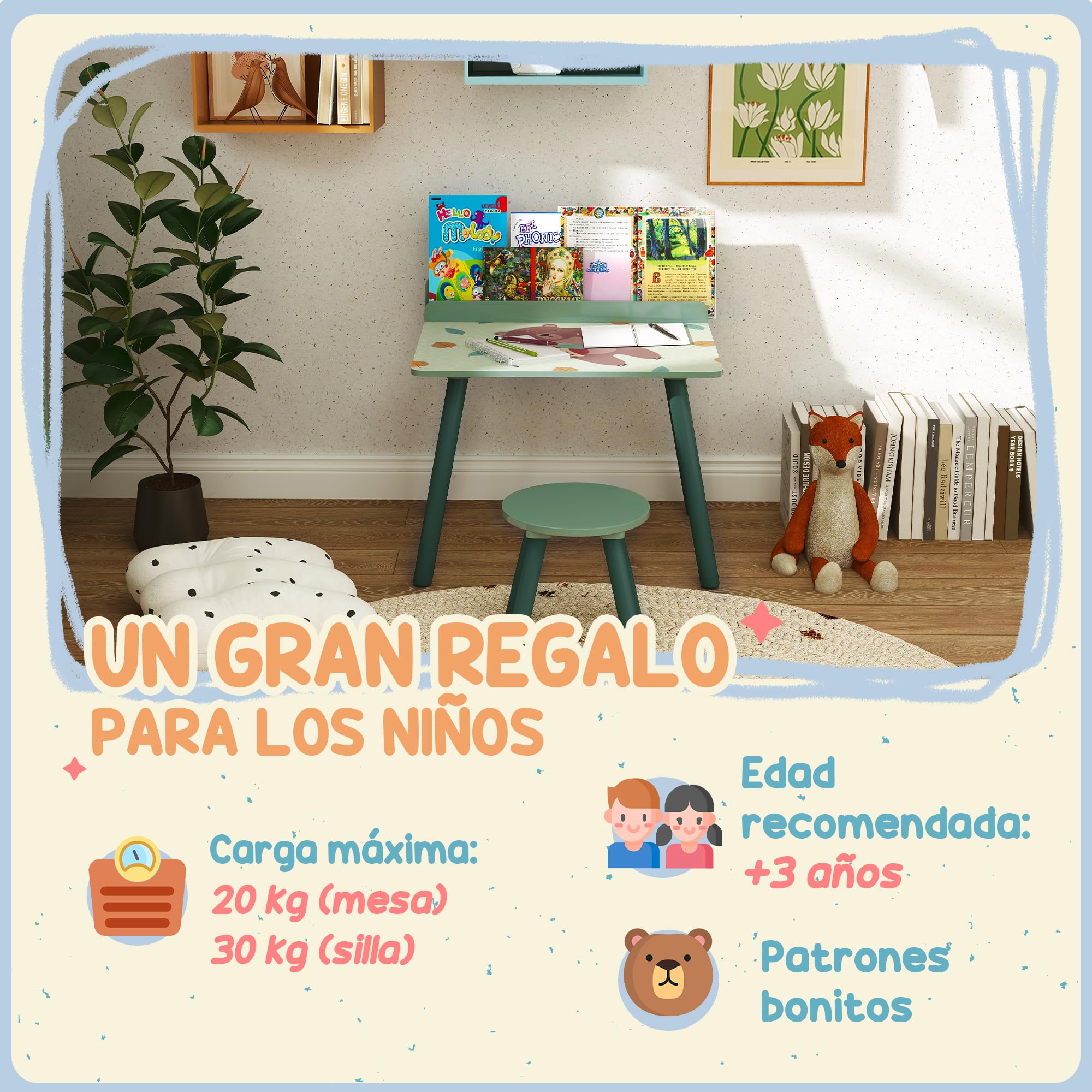 AIYAPLAY Mesa y Silla Infantiles de 2 Piezas Mesa Infantil con Silla y Estante para Libros Escritorio para Niños de +3 Años para Sala de Juegos Verde