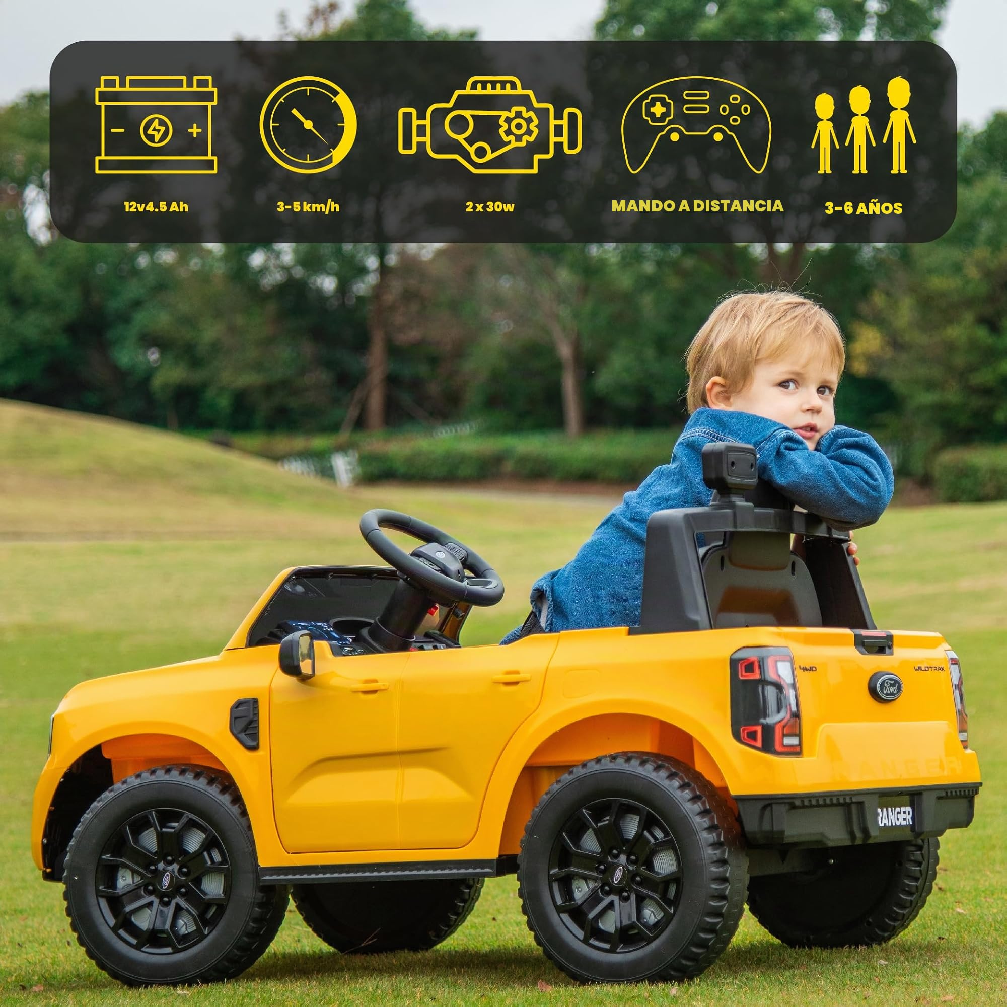 Coche eléctrico para niños Ford de 3 a 6 años, Potencia Motor 30W, Mando a Distancia, suspensión, Faros, Lector MP3 (Amarillo)
