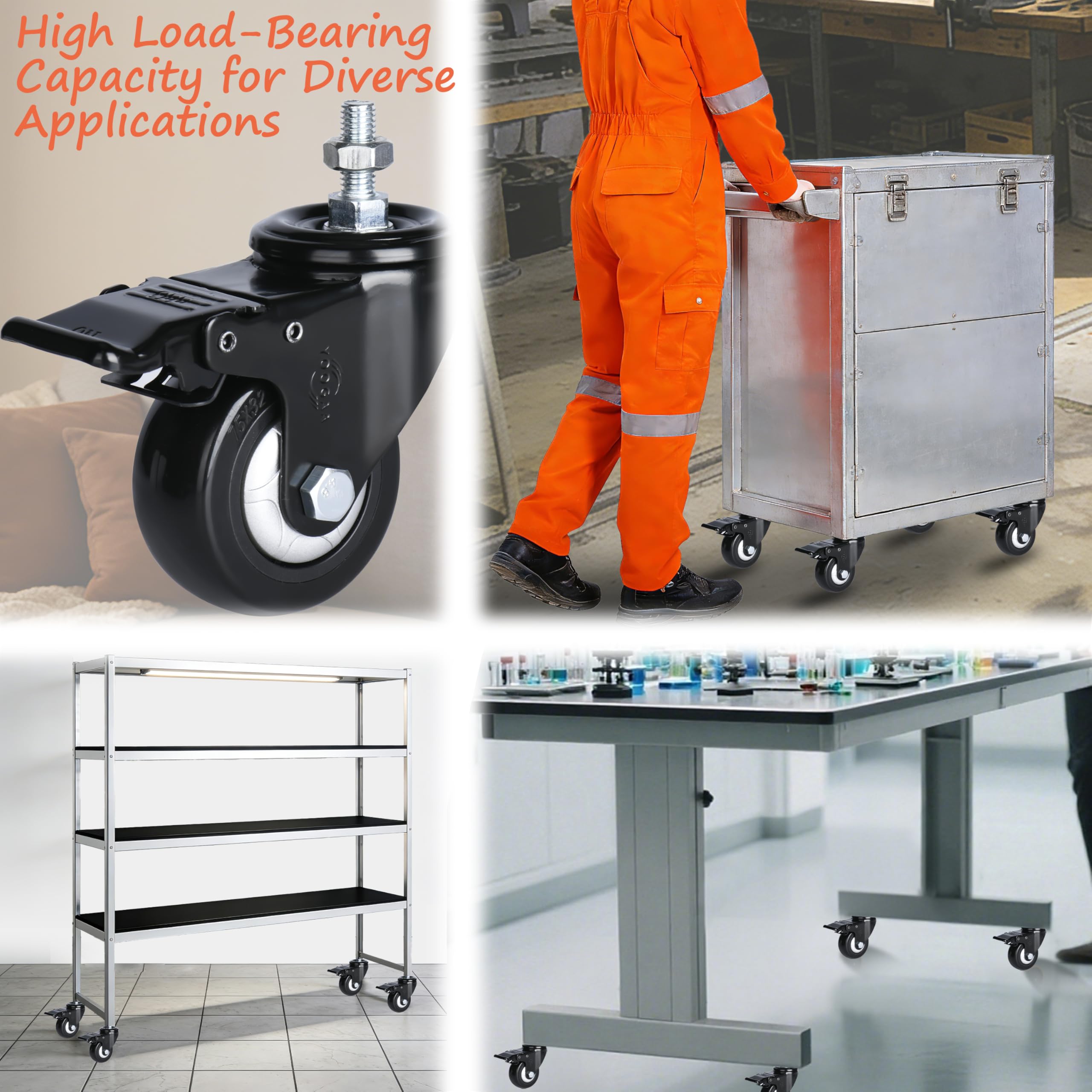 Rotelle da 75 mm con perno filettato M10-1,5 x 25 – Confezione da 4 pezzi – Carico elevato 450 kg con doppia chiusura di sicurezza e rotelle silenziose per scaffalature metalliche, carrelli, mobili