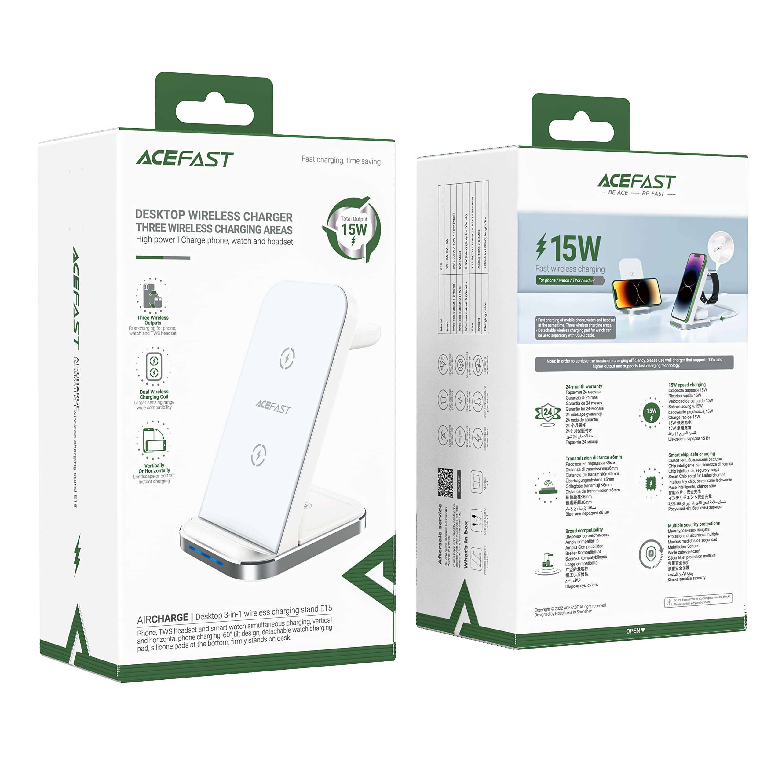 3in1 Qi inductive Charger with Stand Acefast E15 15W (White)