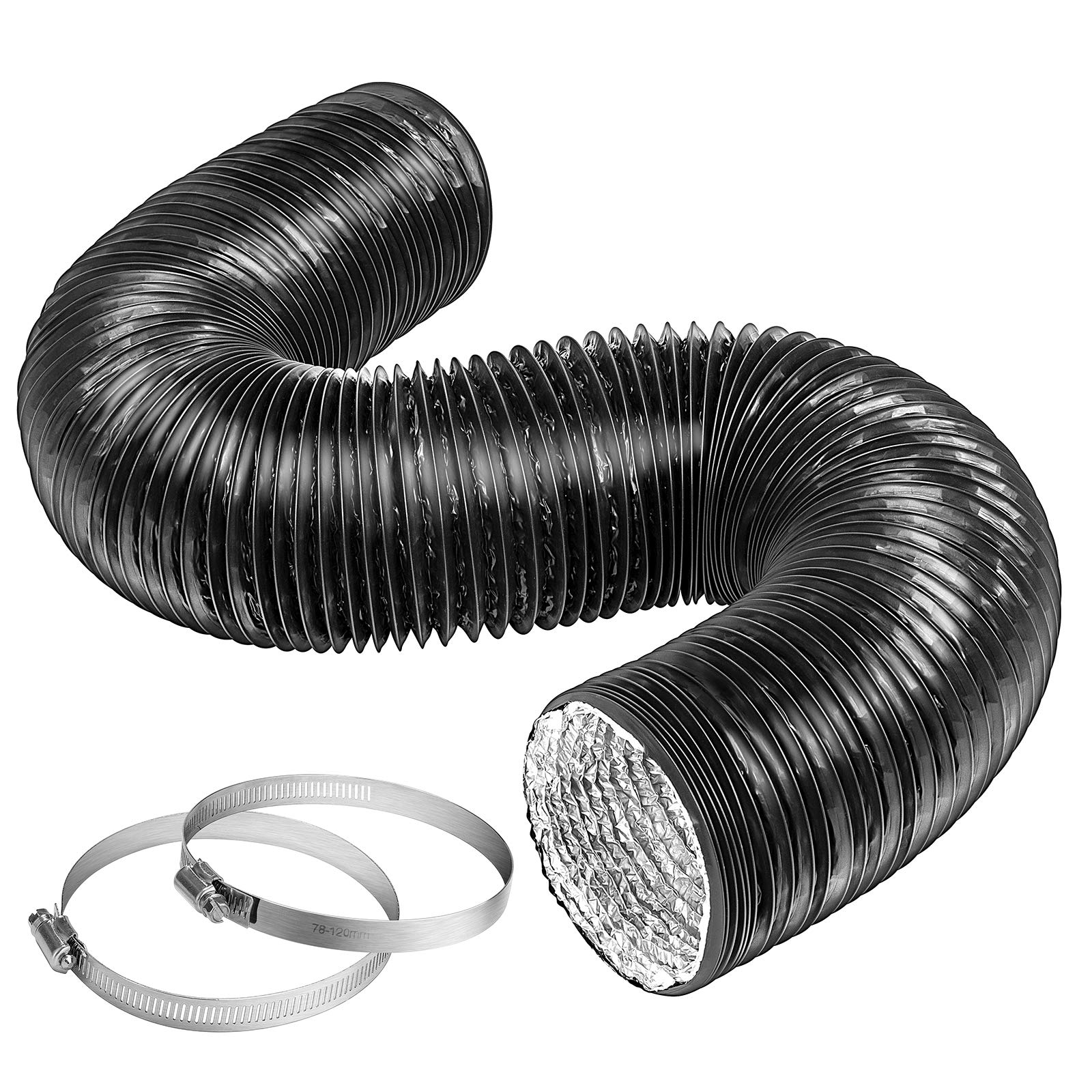 VIVOSUN 6 Inch 25 Feet Black Non-Insulated Flex Air Aluminum Ducting for HVAC Ventilation w/Two 6 Inch Stainless Steel Clamps
