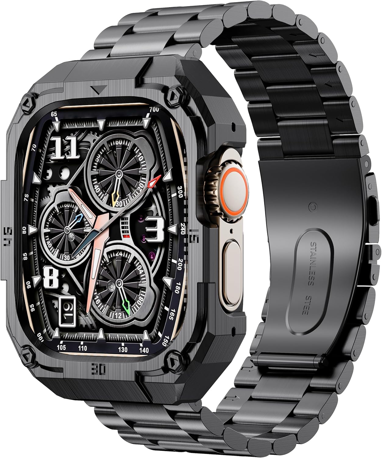 Stainless Steel Case and Band Compatible for Apple Watch Ultra 3/2/1 Band/Apple Watch Band 49mm 46mm 45mm 44mm,Fomal Metal iWatch Band with Case for Men Series 11 10 9 8 7 6 5 4 SE (Black-3, 45mm (Series 9 8 7)) Stainless Steel Case and Band Compatible for Apple Watch Ultra 3/2/1 Band/Apple Watch Band 49mm 46mm 45mm 44mm,Fomal Metal iWatch Band with Case for Men Series 11 10 9 8 7 6 5 4 SE (Black-3, 45mm (Series 9 8 7))