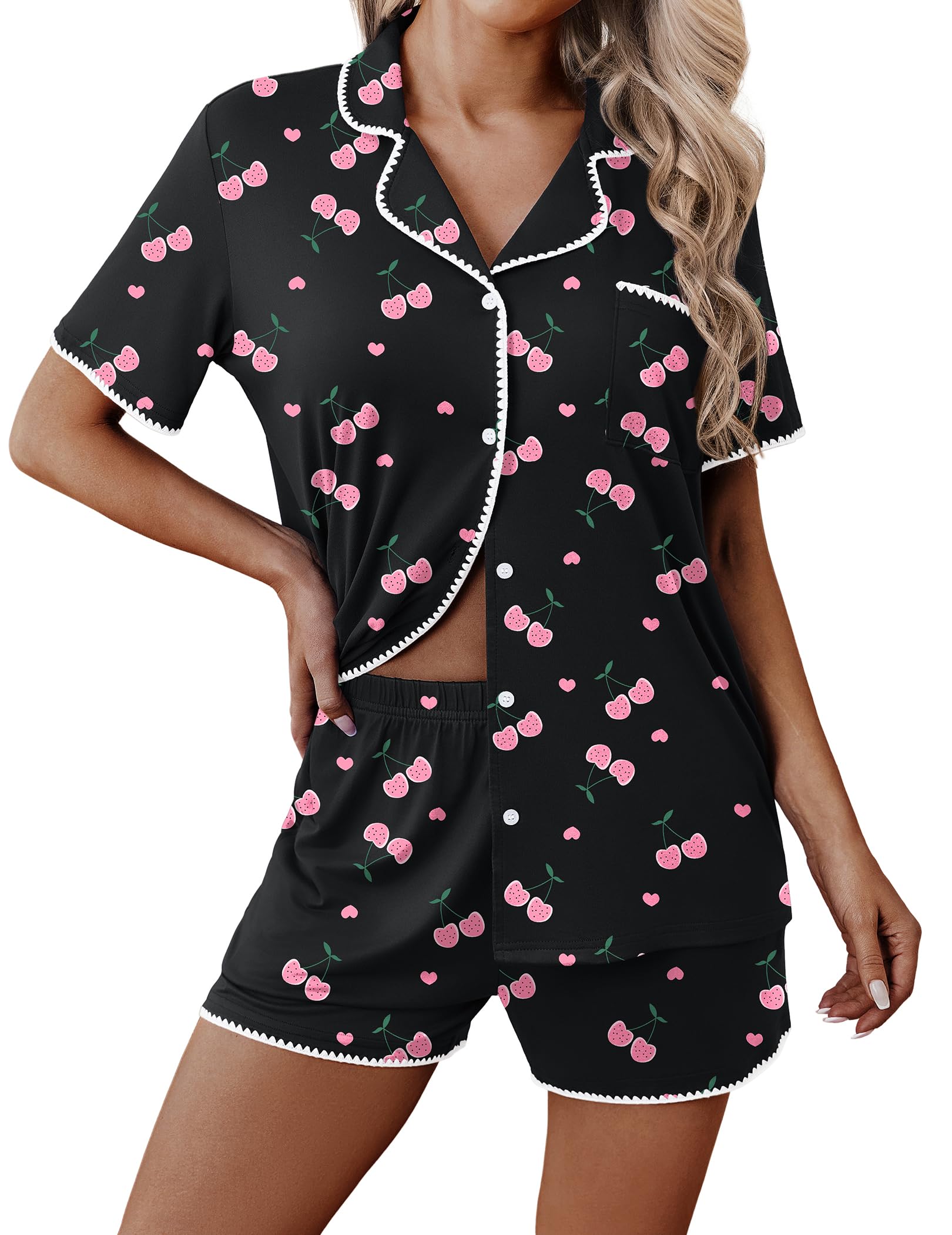 Ekouaer Pajamas for Women Set 2 Piece Soft Button Down Top and Shorts | Short Sleeve PJs with Cute Scalloped Trim, Soft Lightweight Lounge Sets, Ideal for Sleep, Travel &amp; Vacation