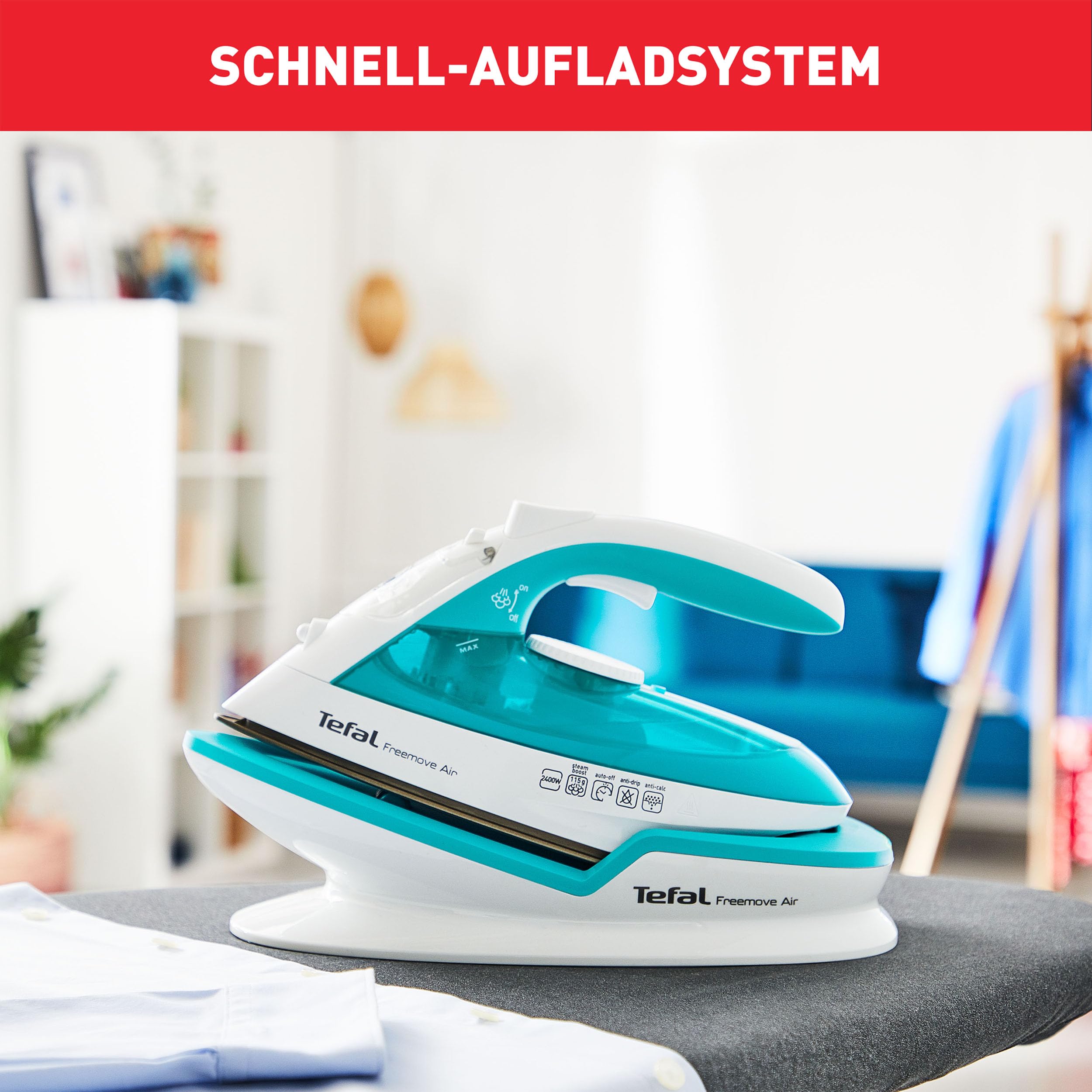 Tefal Freemove Air kabelloses Dampfbügeleisen, 2400 W, 25g/Min-Dauerdampf, 115g/Min-Dampfstoß, Bügeleisen kabellos, einfaches Aufladen, Tropfstopp, automatisches Abschalten, türkis/weiß, FV6520