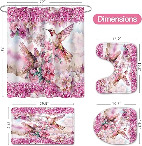 Miniatura 6 de Juego de 4 cortinas de ducha con flores de colibrí rosa con alfombras para decoración de baño, juegos de baño florales rústicos con cortina de ducha