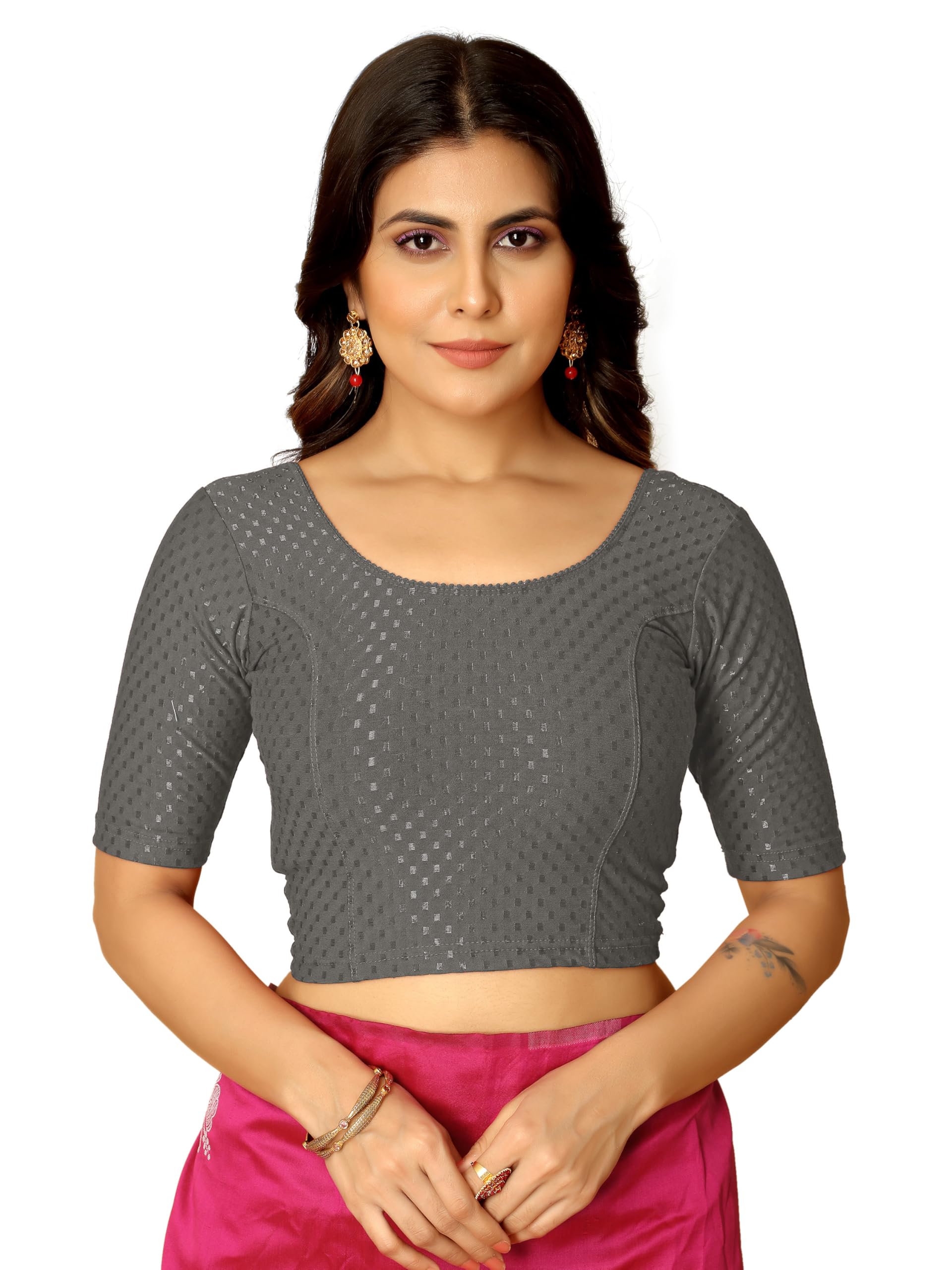 Amazon Brand - Anarva Round Neck Dobby Cotton Lycra Stretchable Elbow Half Sleeve Readymade Saree Blouse for Women Stylish