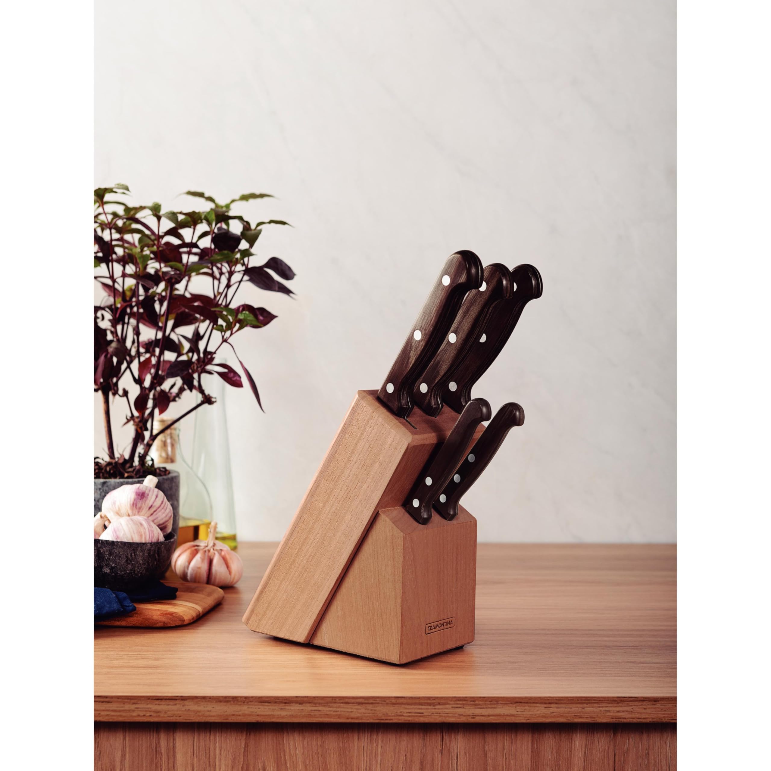 Tramontina Juego de Cuchillos de Acero Inoxidable y Mangos de Madera Tratada con Soporte de Madera Polywood Castaño 6 Piezas