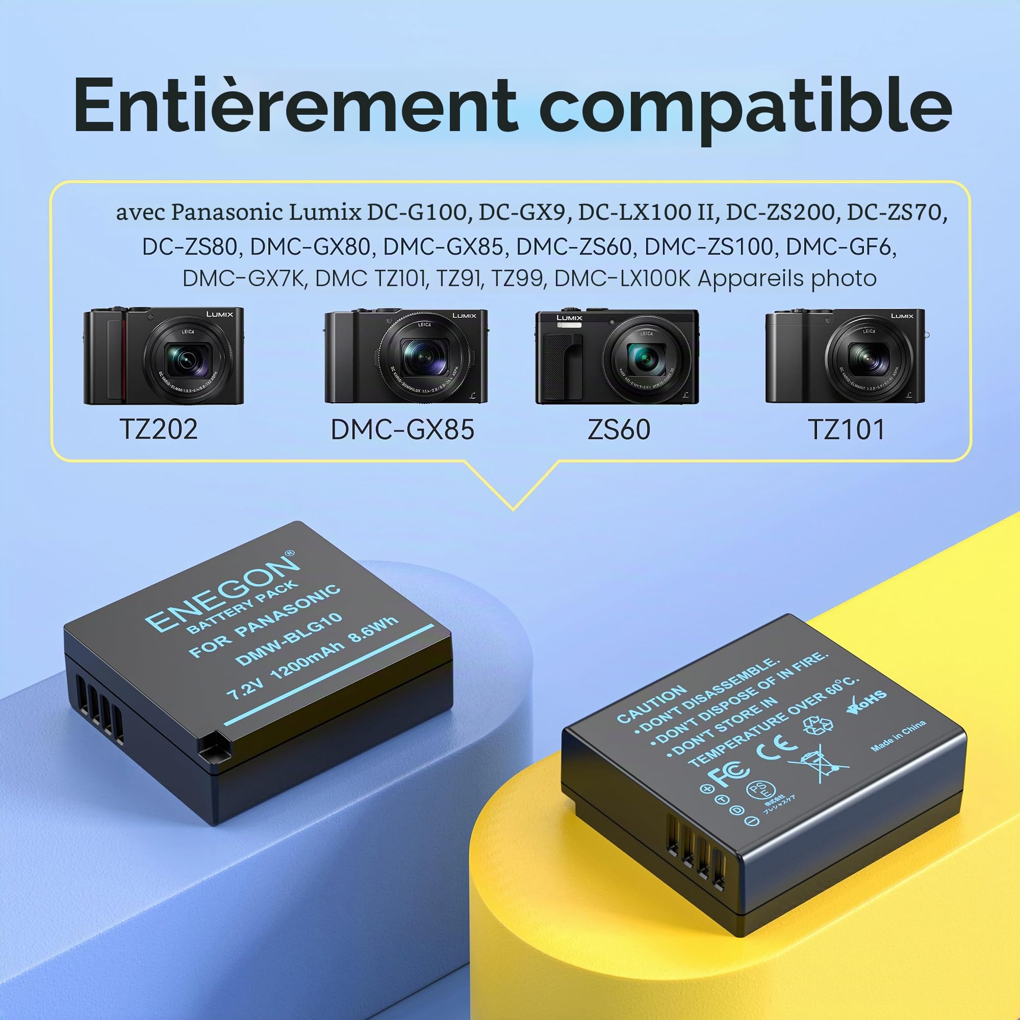 ENEGON DMW-BLE9 DMW-BLG10 Lot de 2 Batteries 1200mAh et Chargeur, Câble USB-C et écran LCD, pour Panasonic Lumix DC-LX100 II, TZ202, TZ101, TZ99, TZ91, TZ81, DMC-GX7, DMC-GX9, DMC-GX80, DMC-GX85