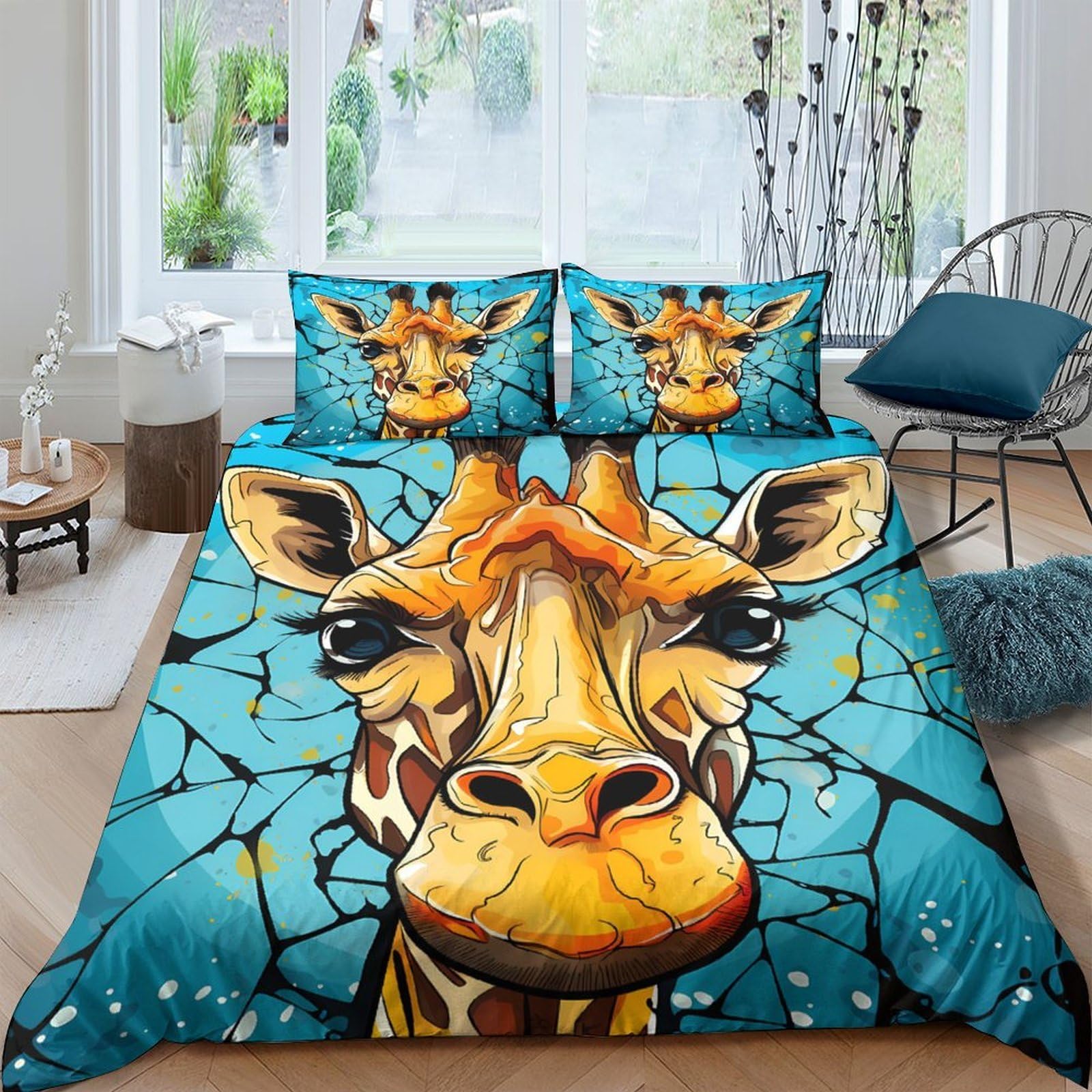 Ctjqhvkz Style-6 3D Printed Giraffe Art Fitted Sheet Microfiber Orange Blue Animal Mattress Cover Bedroom Dorm Decor Single（135X200cm）