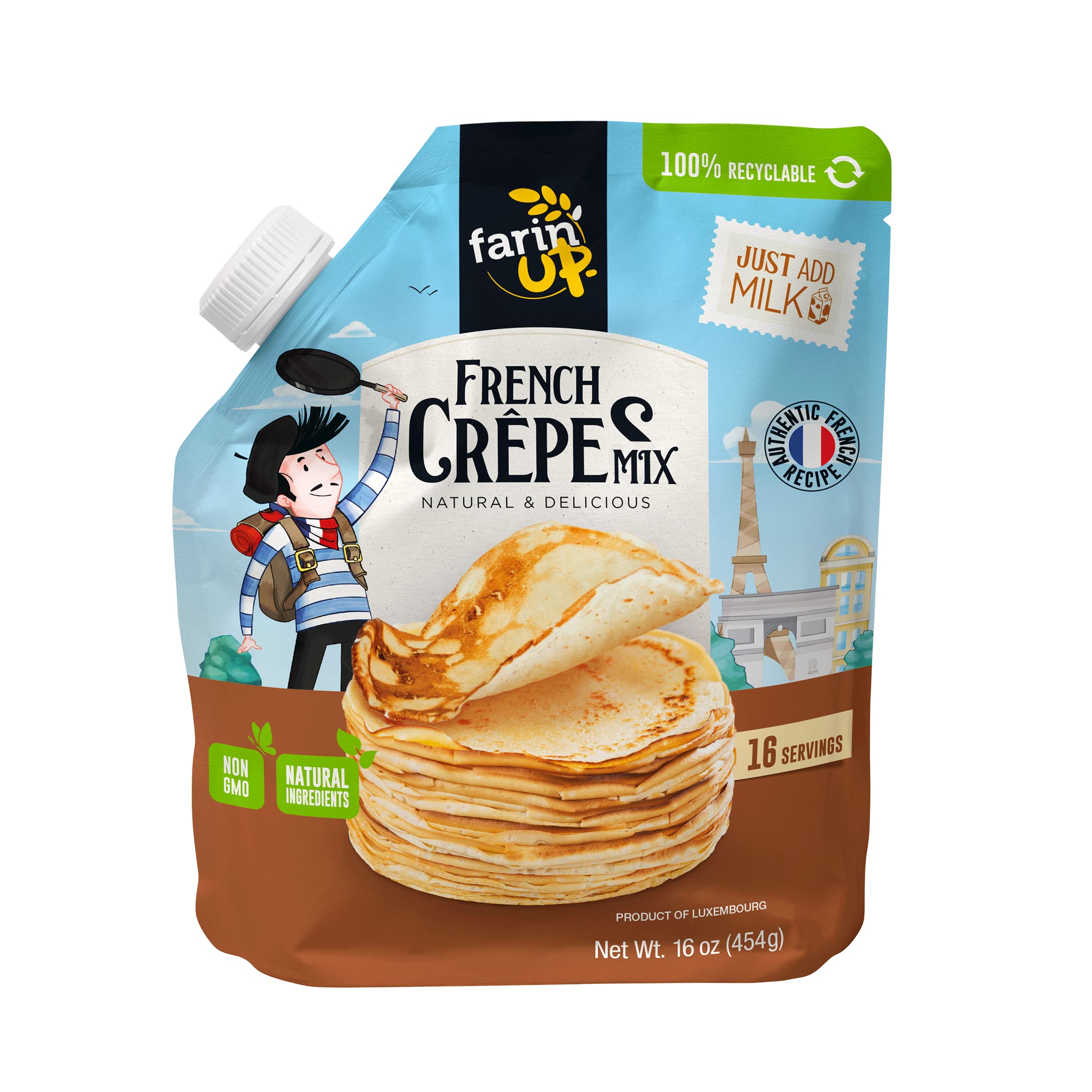 FARIN' UP French Crepes Mix, Just Add Milk, 16oz Pack, Resealable & 100% Recyclable