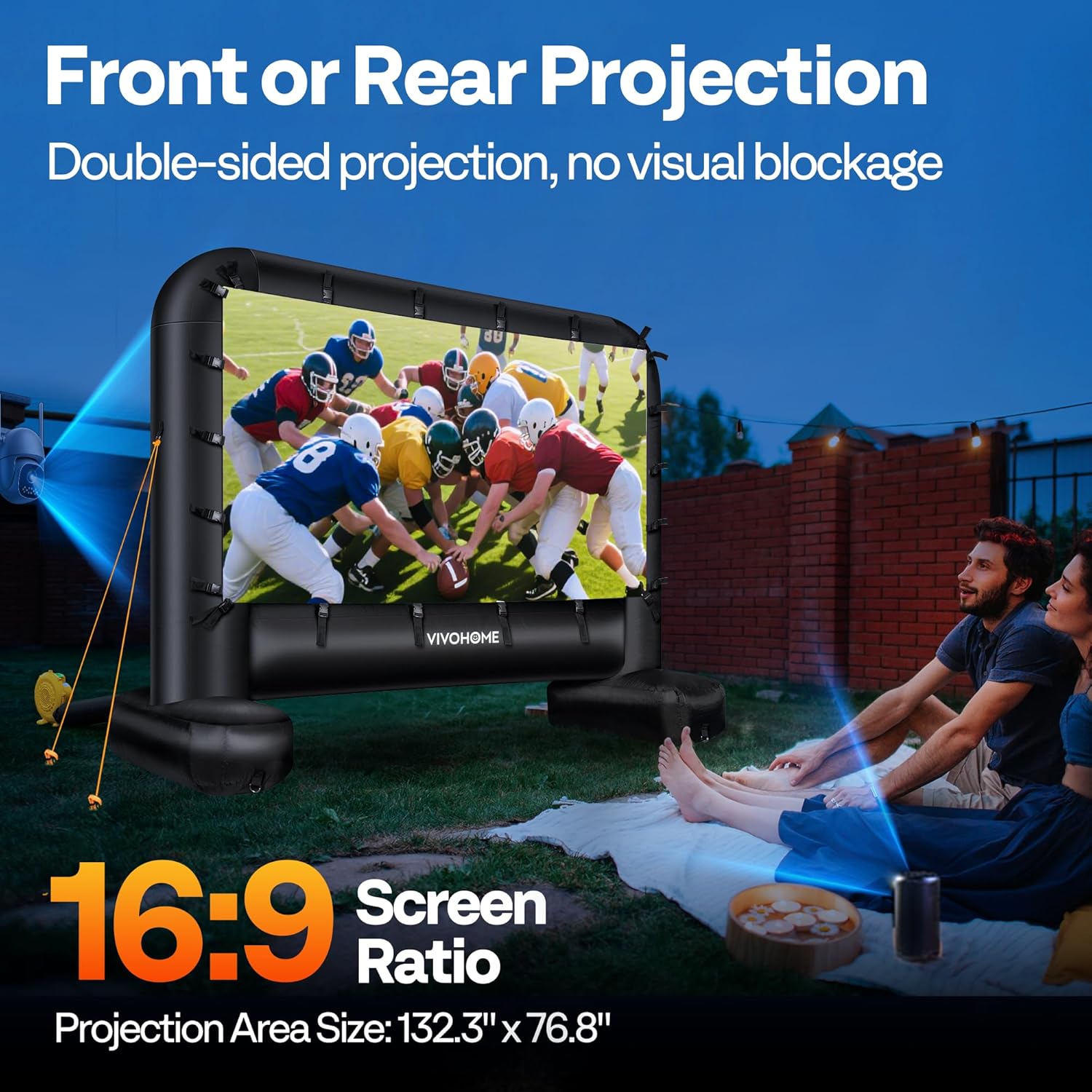 VIVOHOME inflatable projector screen showing double-sided projection capability with a projector set up for rear projection.