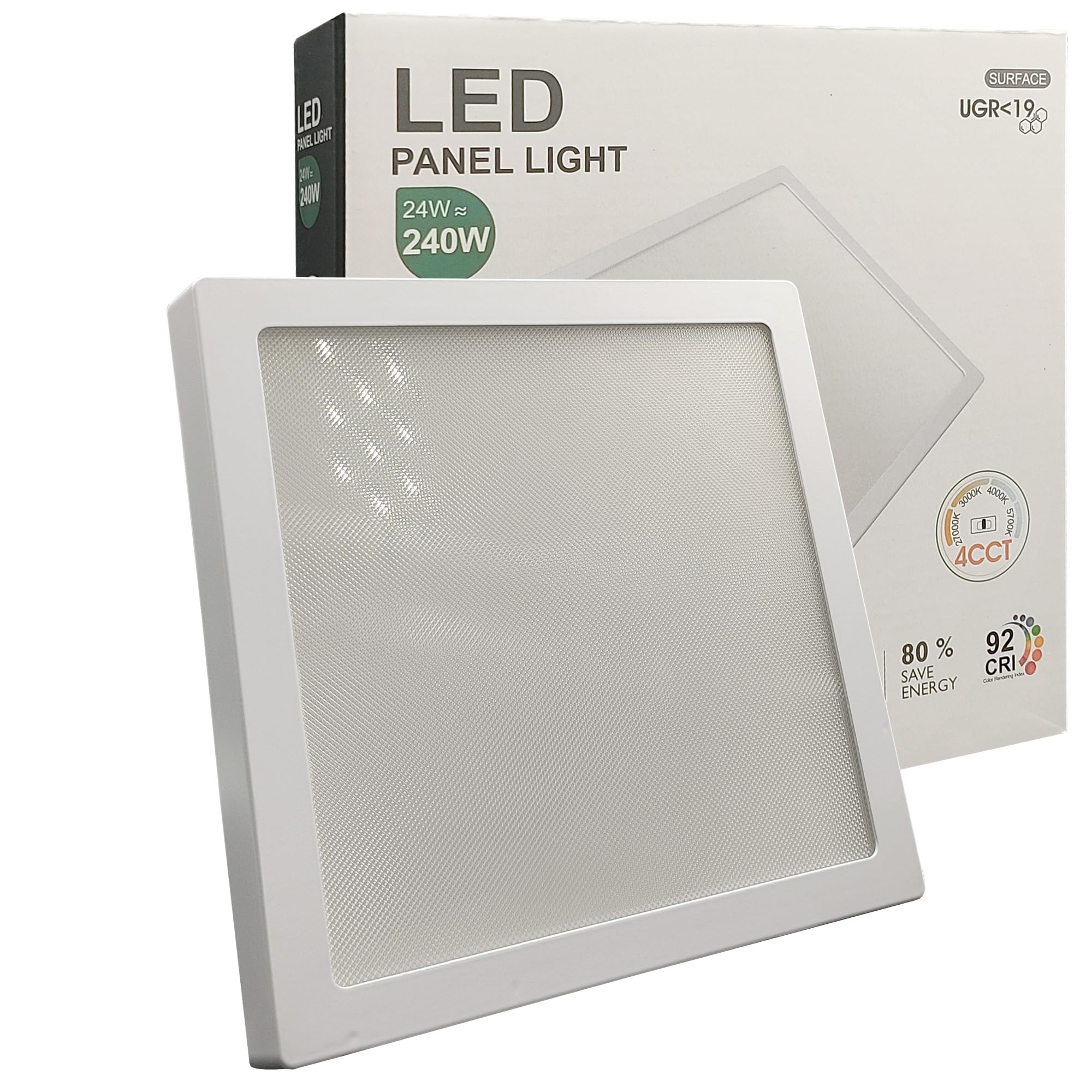 FactorLED ¡NOVEDAD! Plafón Led Cuadrado, 24W (240W), 2880Lm, 21cm, Downlight Panel Superficie para Techo, Antideslumbramiento, Luz Seleccionable 4CCT 2700K-3000K-4000K-5700K (10, 21 mm)