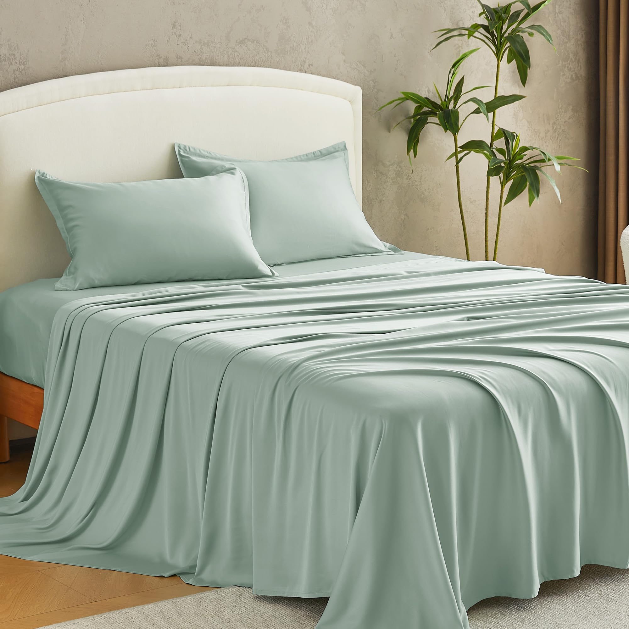 Andency Sateen Sheets Set, 100% Viscose Derived from Bamboo, Hotel Luxury Silky &amp; Cooling for Hot Sleepers, Deep Pocket Up to 16", Sateen Green King