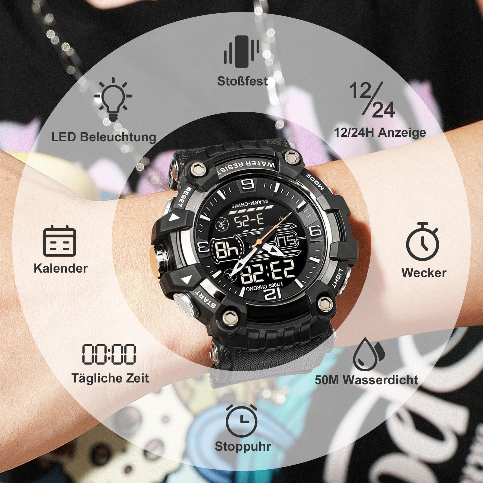 Orologio digitale da uomo, sportivo, da uomo, digitale, orologio da polso per ragazzi, orologio militare, cronometro, sport, attività all'aperto, 5 ATM, impermeabile, cronografo, sveglia sportiva da