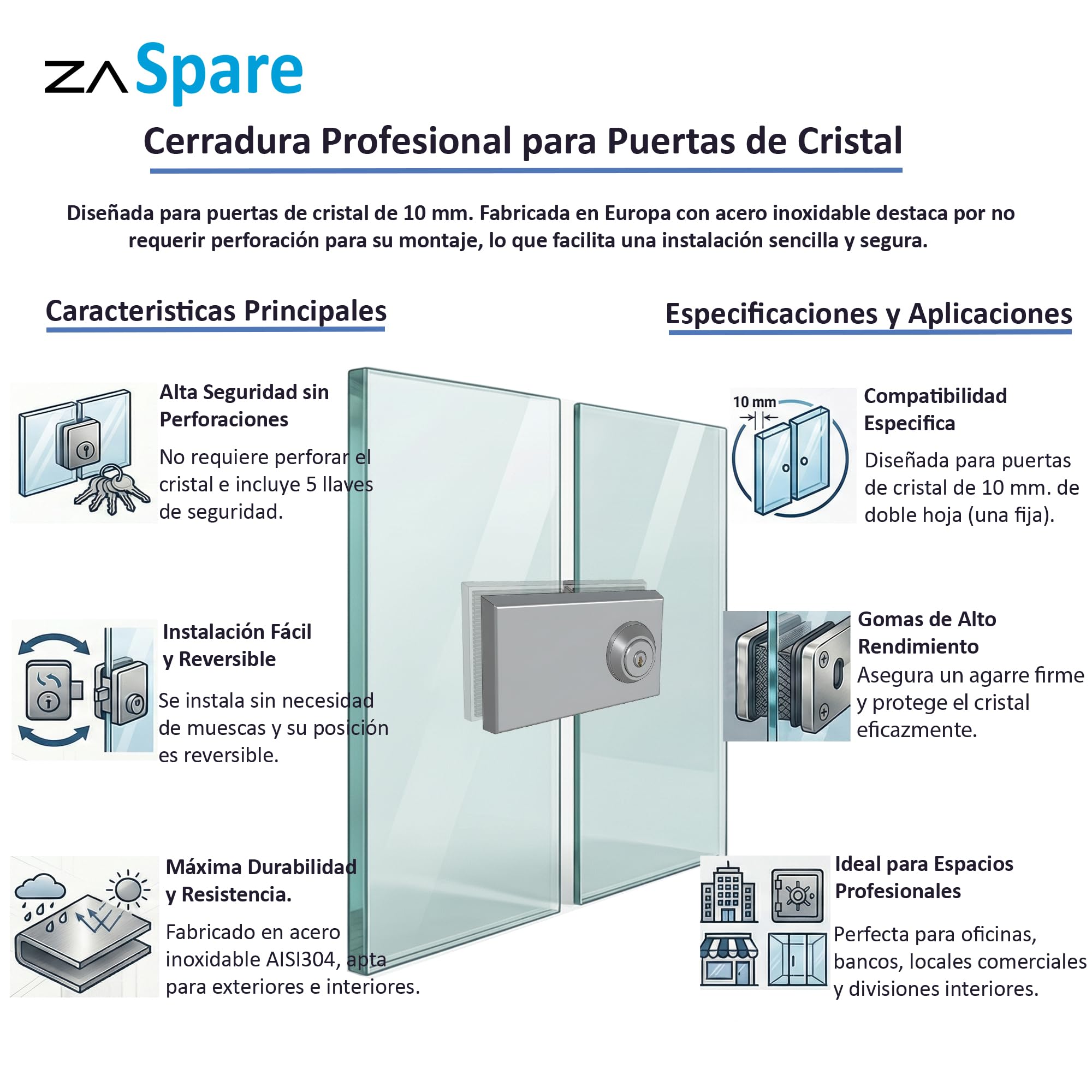 Cerradura para Puerta de Cristal sin Perforación en Acero Inoxidable AISI 304, Alta Seguridad con 5 Llaves, Ideal Oficinas y Locales Profesionales, Compatible con Puertas de Cristal de 10 mm.