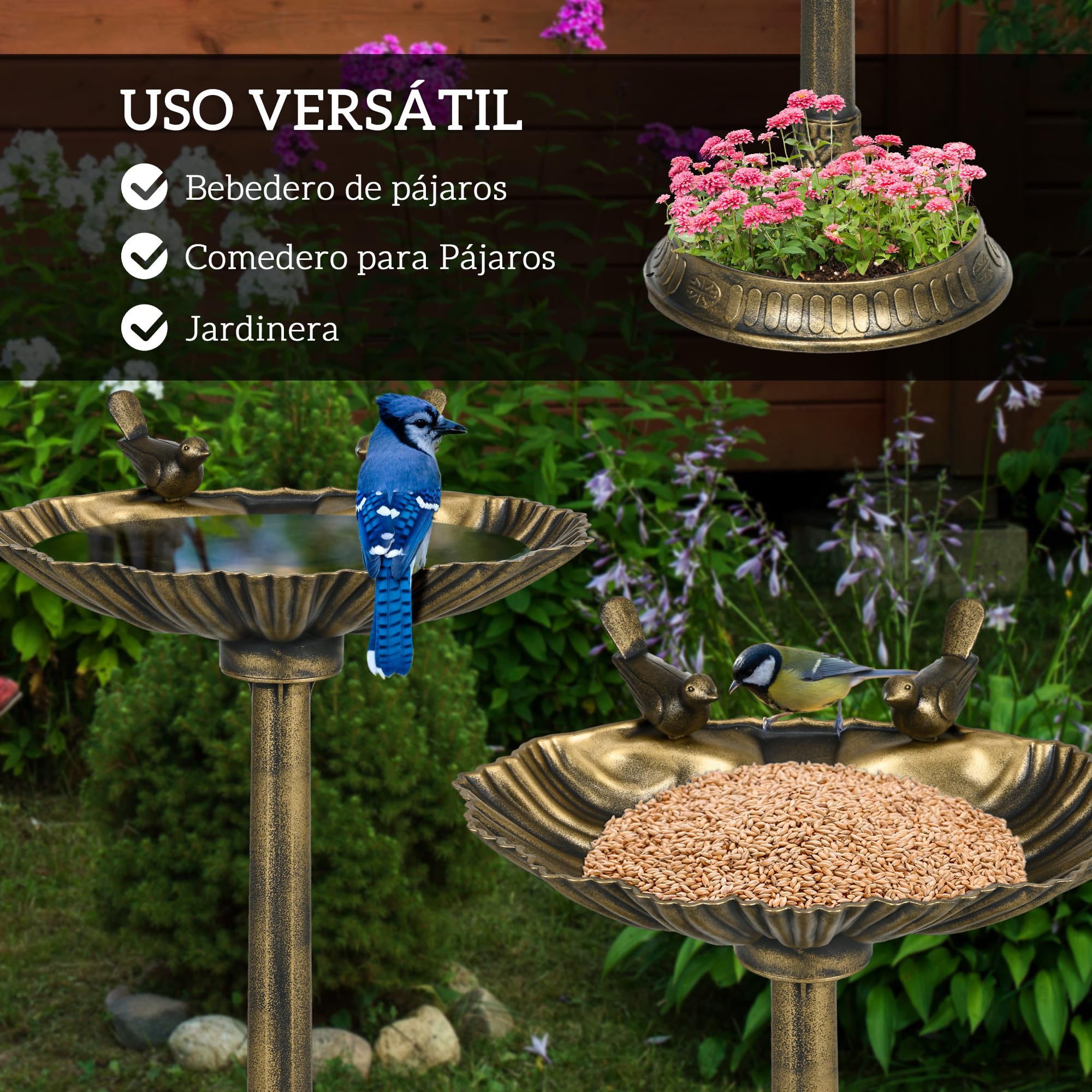 Outsunny Baño para Pájaros de Jardín al Aire Libre, Altura 81 cm, Comedero para Pájaros con Base de Pedestal, Diseño de Concha y Acabado Envejecido, Ligero y Resistente, Bebedero para Aves, Bronce