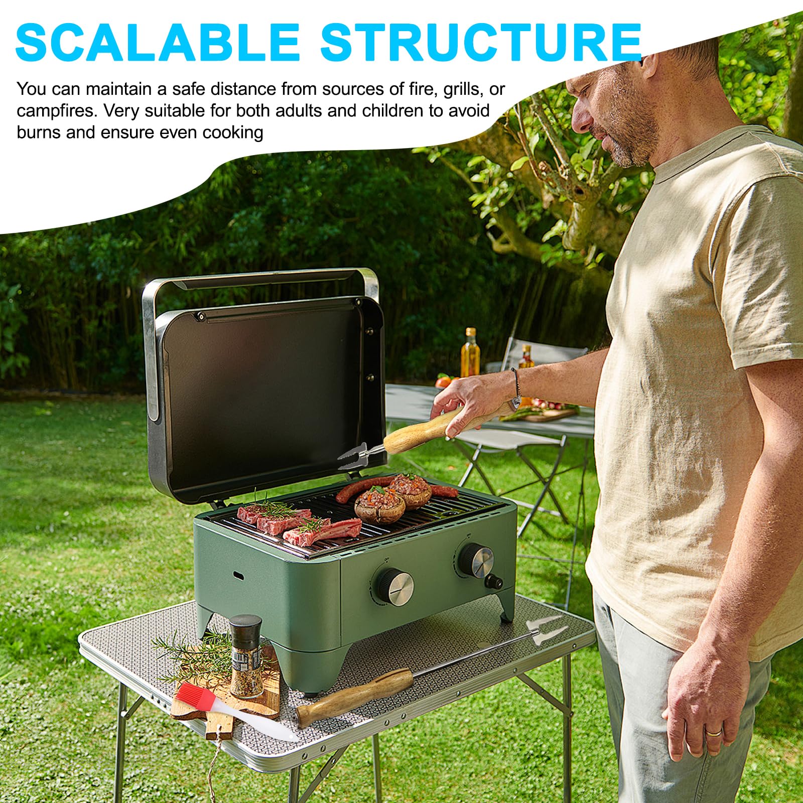 Brochettes Extensibles pour Barbecue – 2 Pièces en Acier Inox + 1 Pinceau en Silicone – Piques à Marshmallow & Pain à Bâton pour Feu de Camp, Camping, Grillades