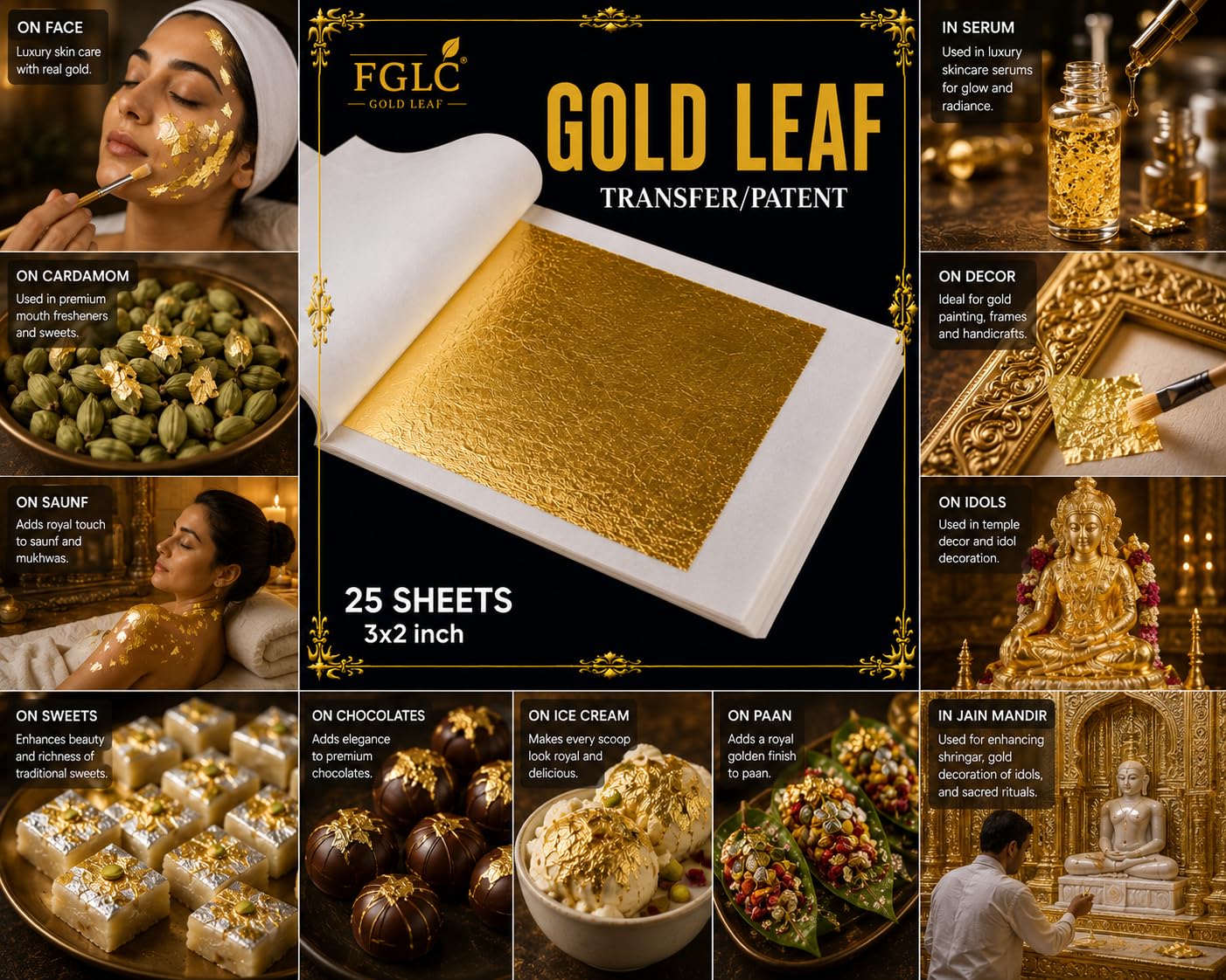 24k Edible Gold Sone ke Vark Size (75MM"x50MM") | 2x3 Inch pack of 10 Gold Leaf Sheets For Indian Sweets Mithai Dessert Cake Confitionary Ice Creams Jain Mandir Worshipper Pooja Anti Aging royal Drink 1