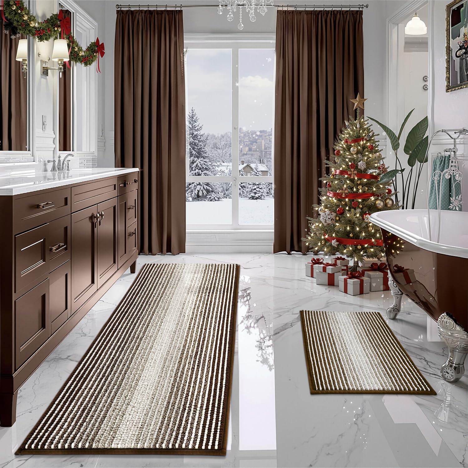 BSICPRO Bathroom Rugs and Mats Sets, 2 Piece Thick Absorbent Chenille Bath Mat Rug Set Non Slip, Soft Shaggy Bath Room Floor Mats for Bathroom, Machine Washable (Brown, 20" x 60" Plus 20" x 32")