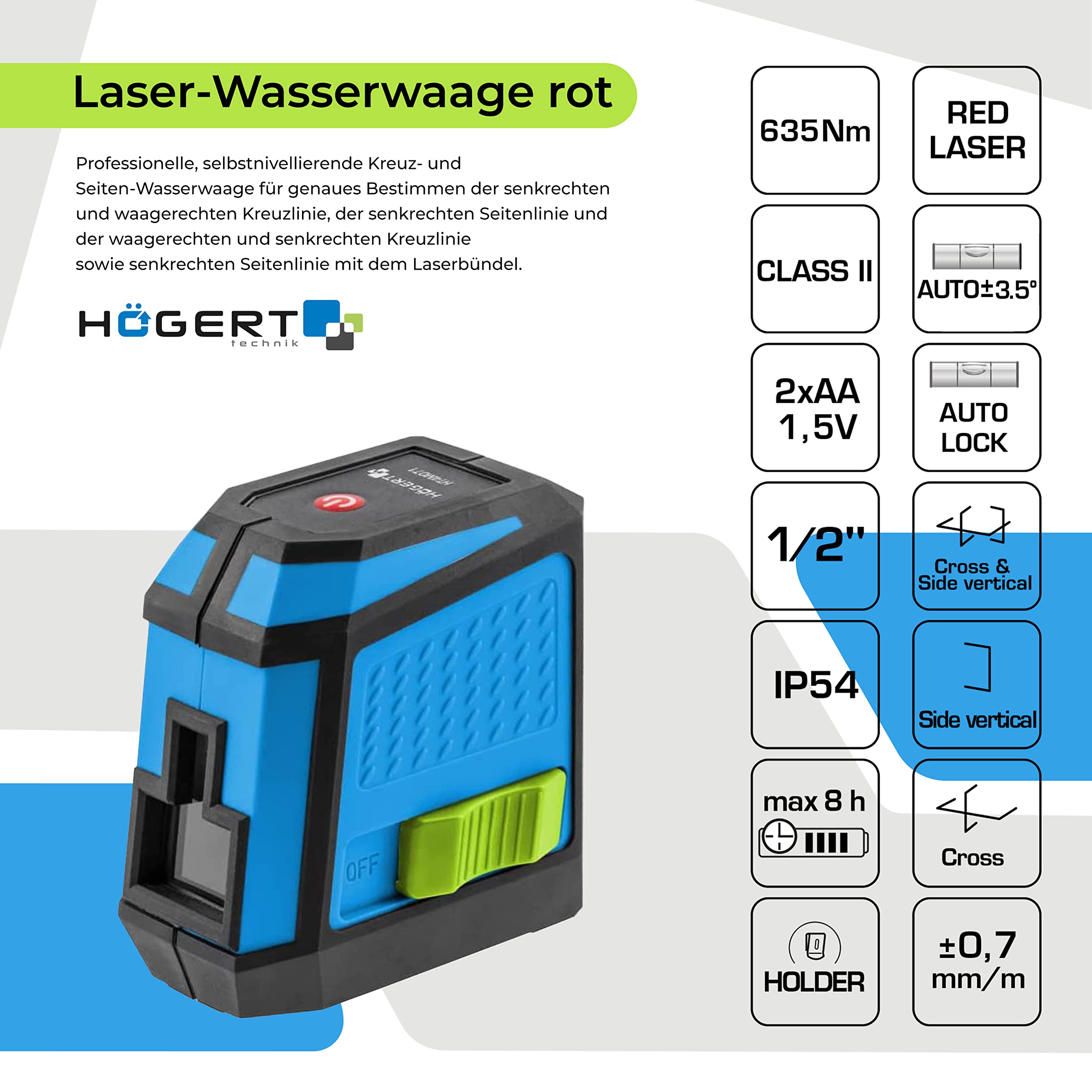 Högert Technik Livella a bolla laterale e trasversale professionale, autolivellante, area di lavoro: raggio fino a 12 m/diametro fino a 24 m HT4M071
