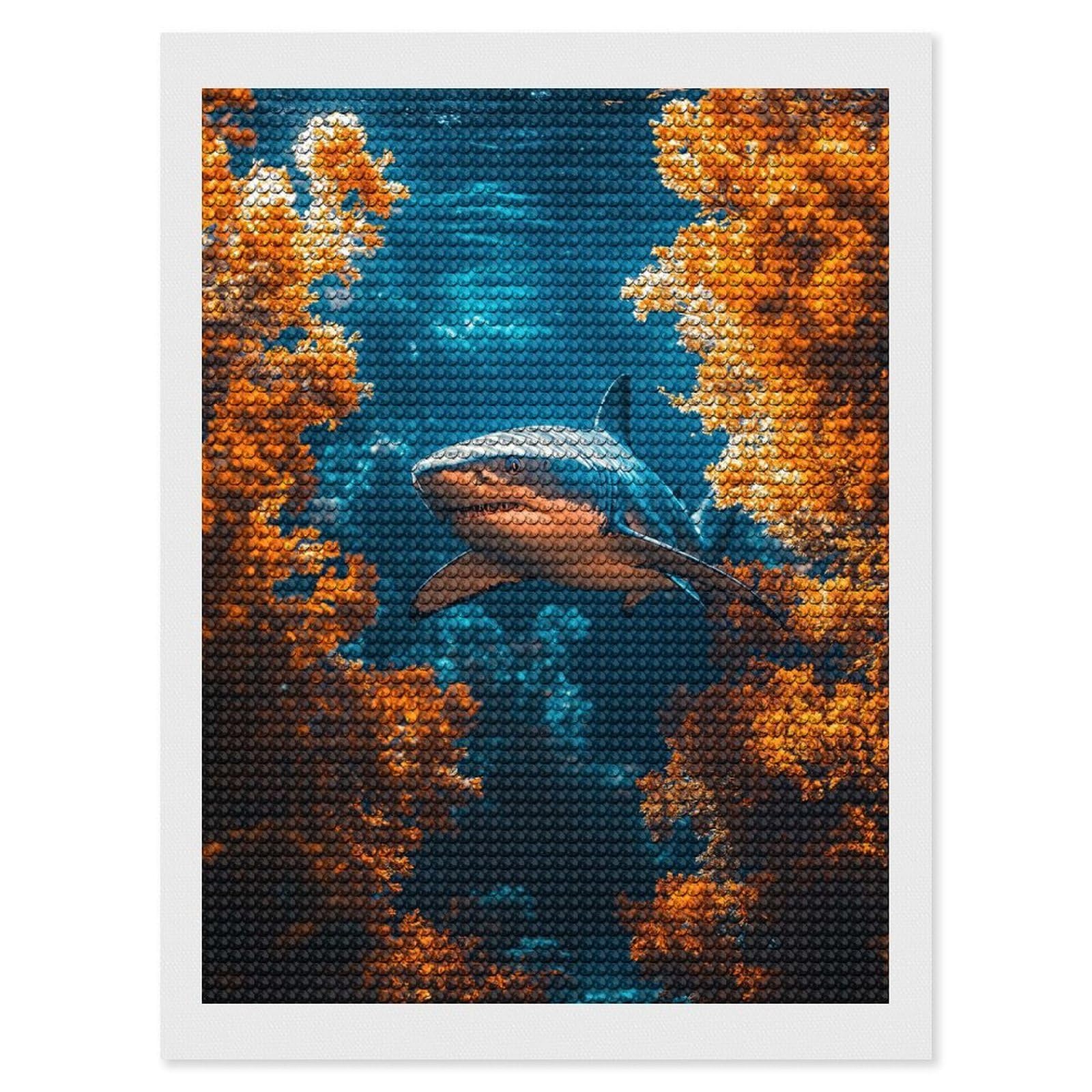 Junmoney Great White Shark in Coral Reef Diamond Painting Set 12"x16", Stress Relief Craft, Easy to Enjoy, Vintage Style Decor, Festive Craft Gift