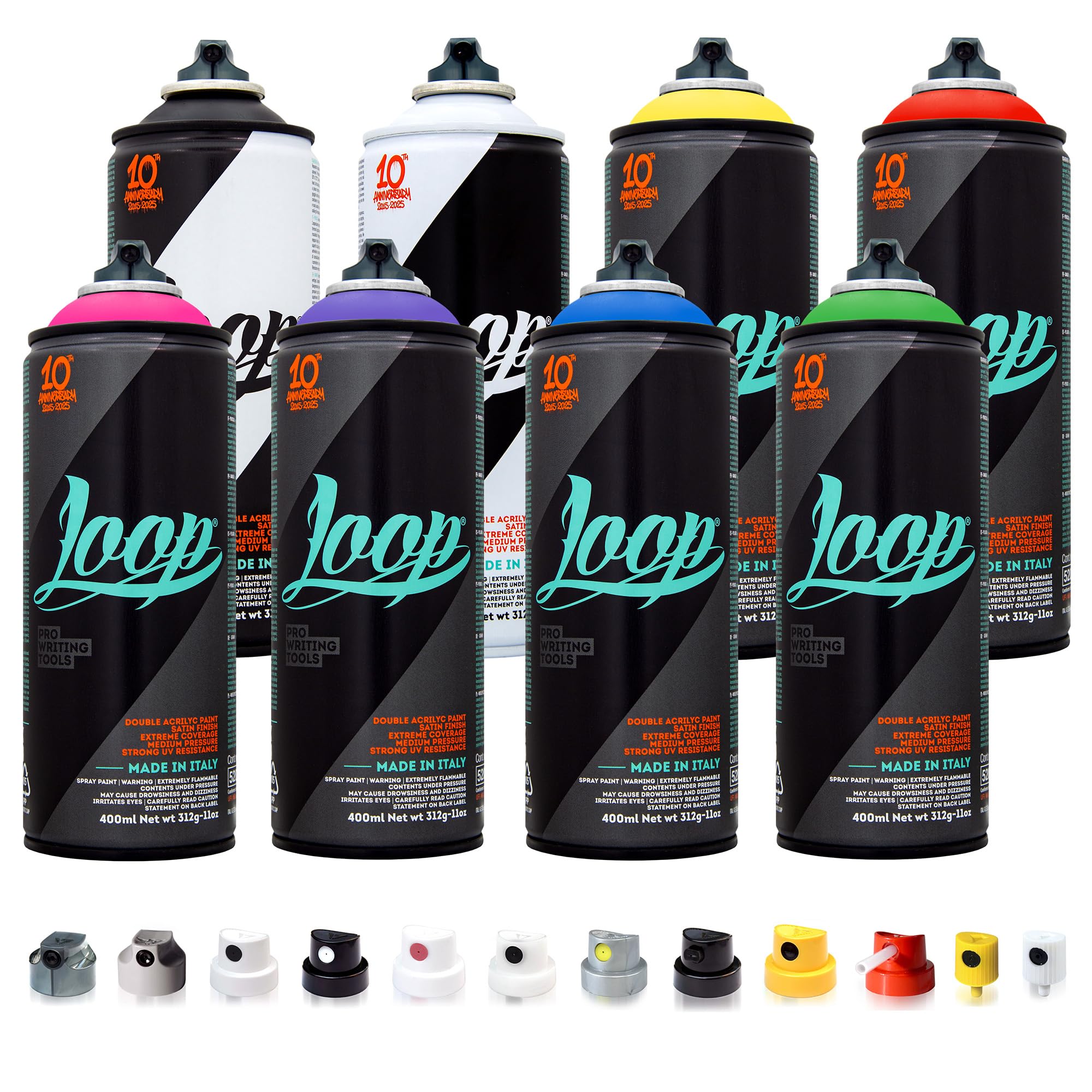 Betterrun LOOP Sprühdosen Set - Basic Farben - 8 x 400ml Acryllack + 10x Sprühaufsätze - Graffiti Spray Cans