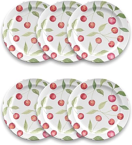 Abode Homewares Berries & Cherries - Plato para ensalada y postre, 8.5 pulgadas, melamina pura, interiorexterior, rojo y blanco, juego de 6