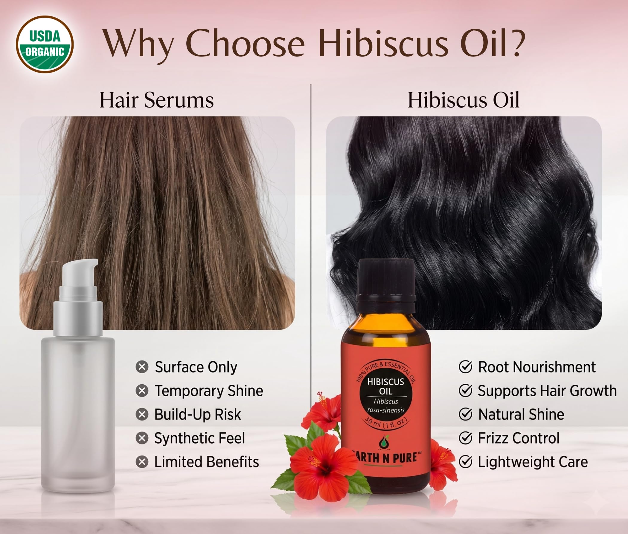 Earth N Pure Hibiscus Hair Oil | Cold-Pressed Hair & Scalp Oil | Frizz Control | For Curly & Coily Hair | Soft, Shiny Hair | Vegan & Cruelty-Free | 30ml 1