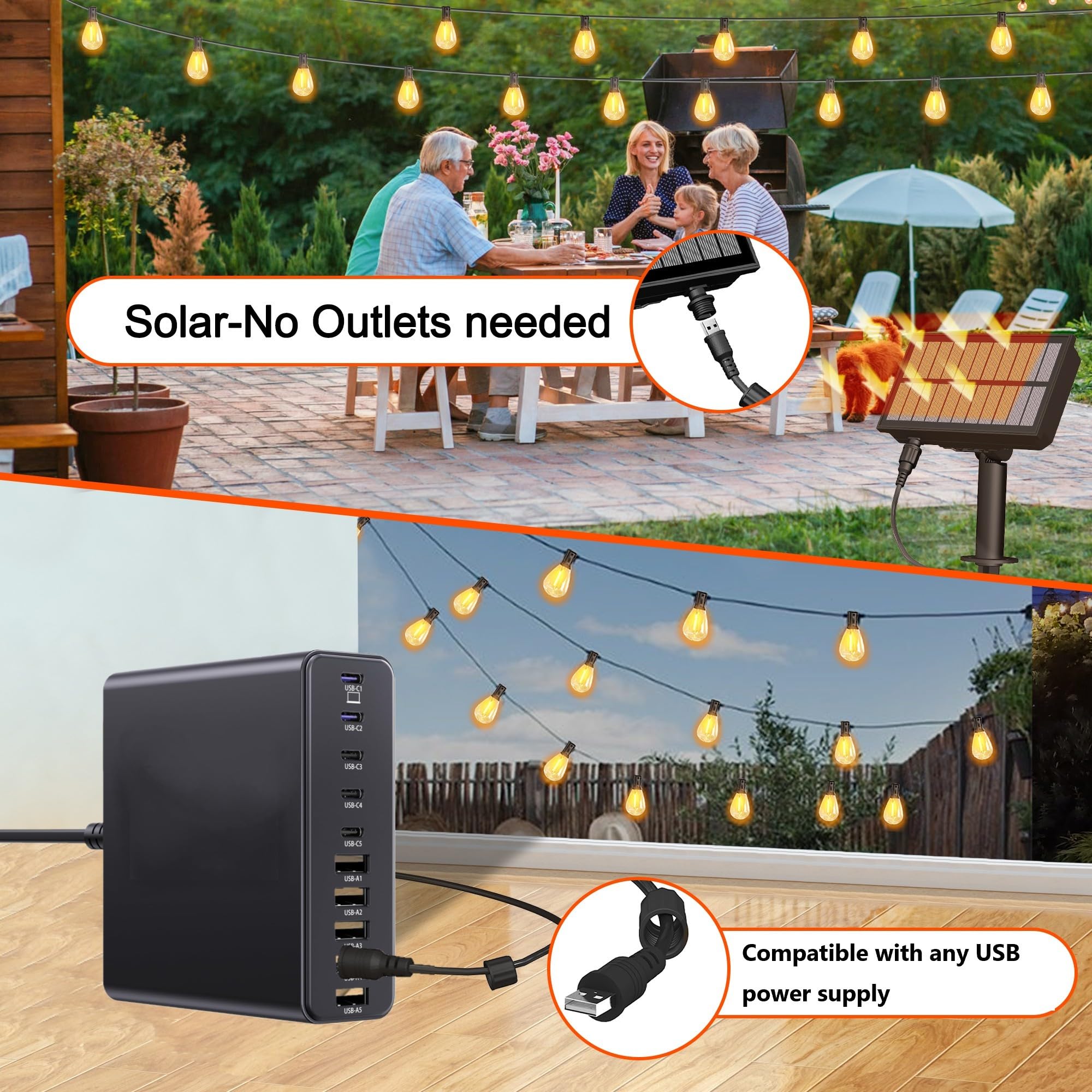 BLIATLUS Guirnalda de luces solares de 60 pies para exteriores, impermeable, con control remoto, luces solares para patio, porche, jardín, mercado, bistró, patio, valla
