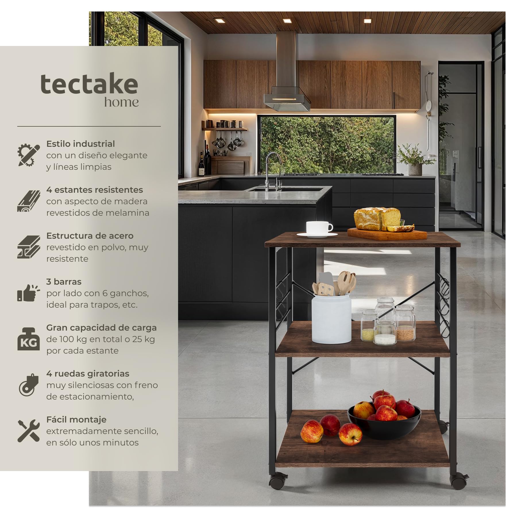 tectake® Estanteria Cocina con Estilo Industrial, Estanteria Pared Multifuncional, Mueble Auxiliar para Recibidores y Muebles de Salon - 65,5 x 45,5 x 88,5 cm Madera Industrial Oscura, Rústica