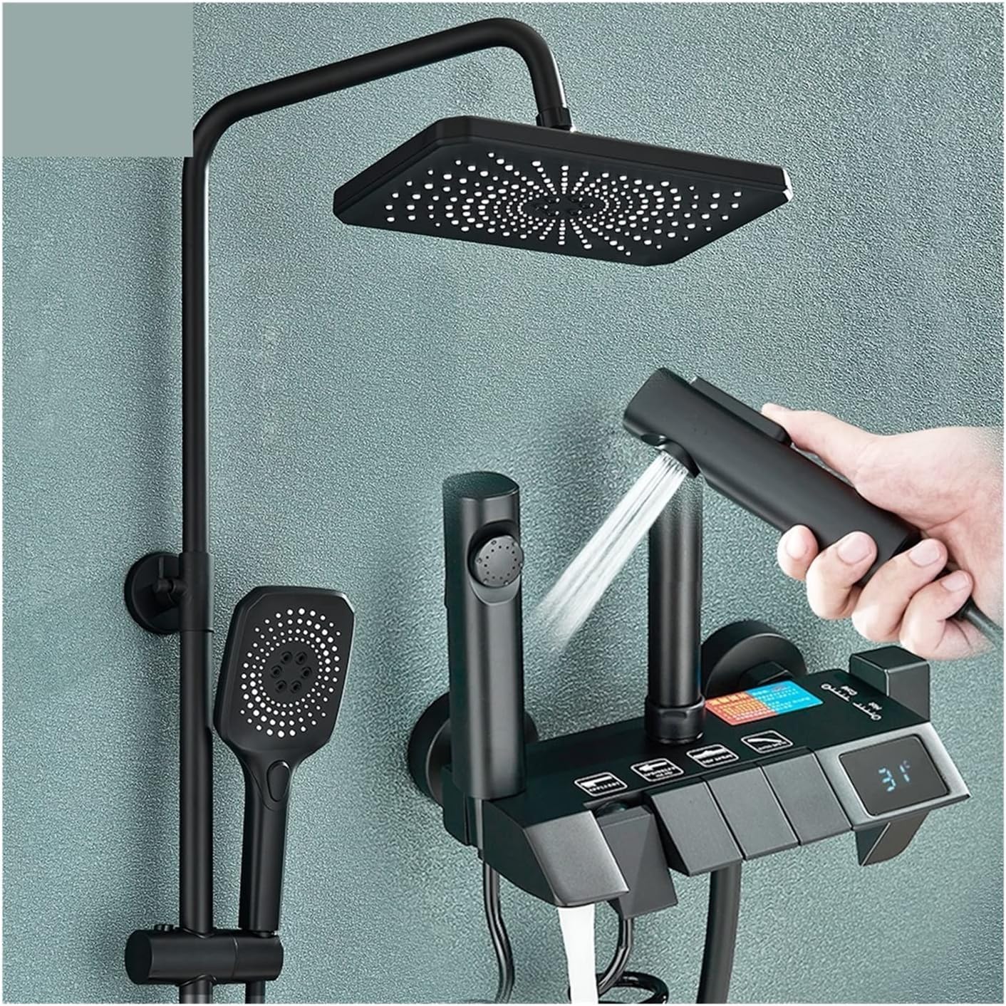 CWCQGH Thermostatic Shower Mixer Set Black Smart Digital Display Shower Faucet Set Piano Style Bathroom Grey Digital Mixer Tap Bidet Shower,Gun Grey Display-1