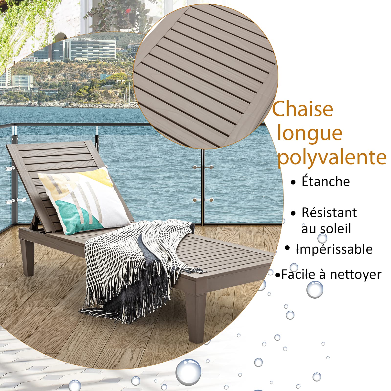 RELAX4LIFE Chaise Longue de Jardin, Bain de Soleil avec Dossier Inclinable sur 5 Positions, Chaise Longue d'extérieur en PP Durable pour Piscine, Terrasse, Plage, 190 x 57,5 x (29-84,5) cm (Café)