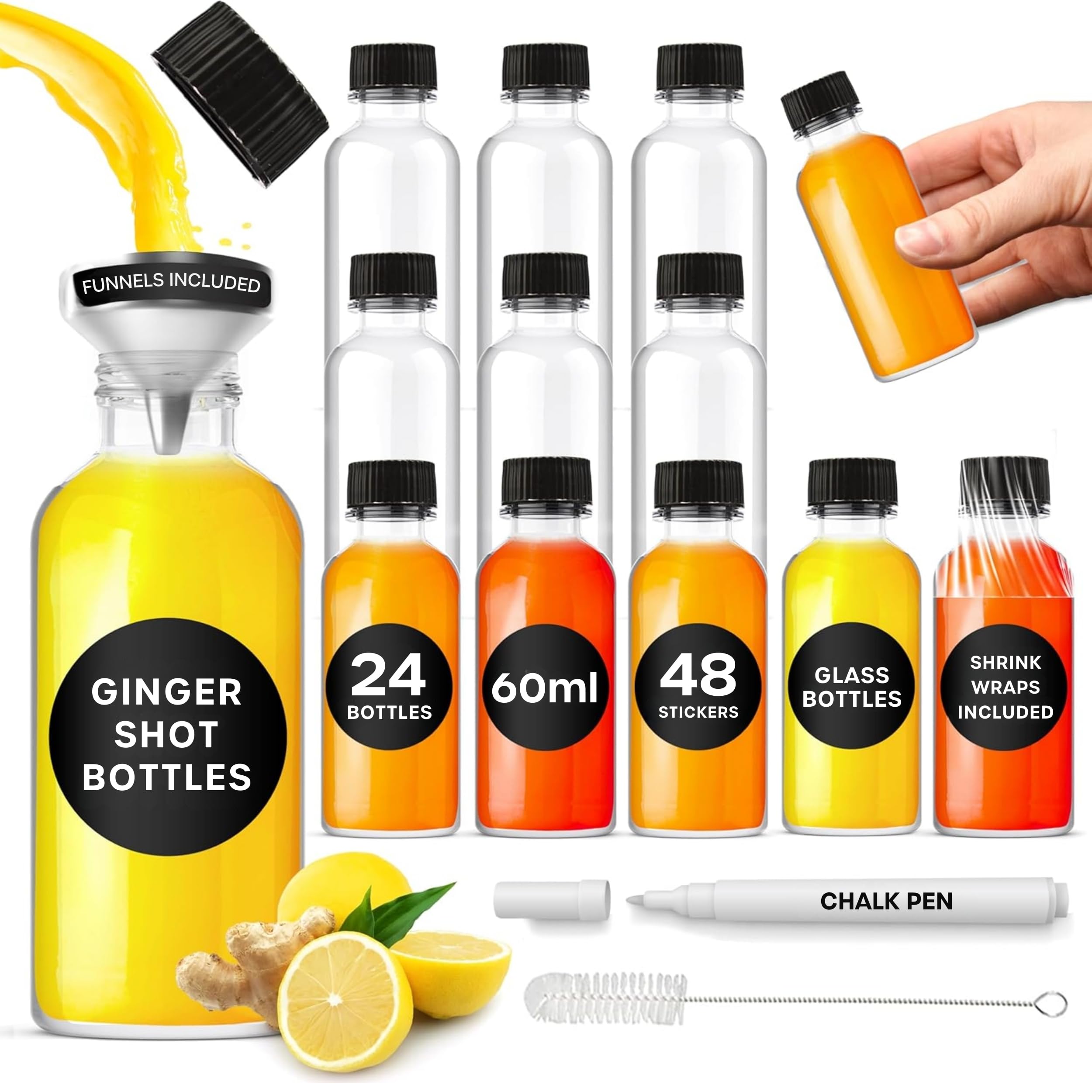 Volila Clear 60Ml - 24 Pack Ginger Glass Shot Bottles Mini Set Of 24 X 2Oz Or 60Ml With Pouring Funnel, 48 Round Stickers And Chalk Pen For Labelling, Essential Oils, Whisky, Alcohol, Wedding Favours Décor, Clear - Pack
