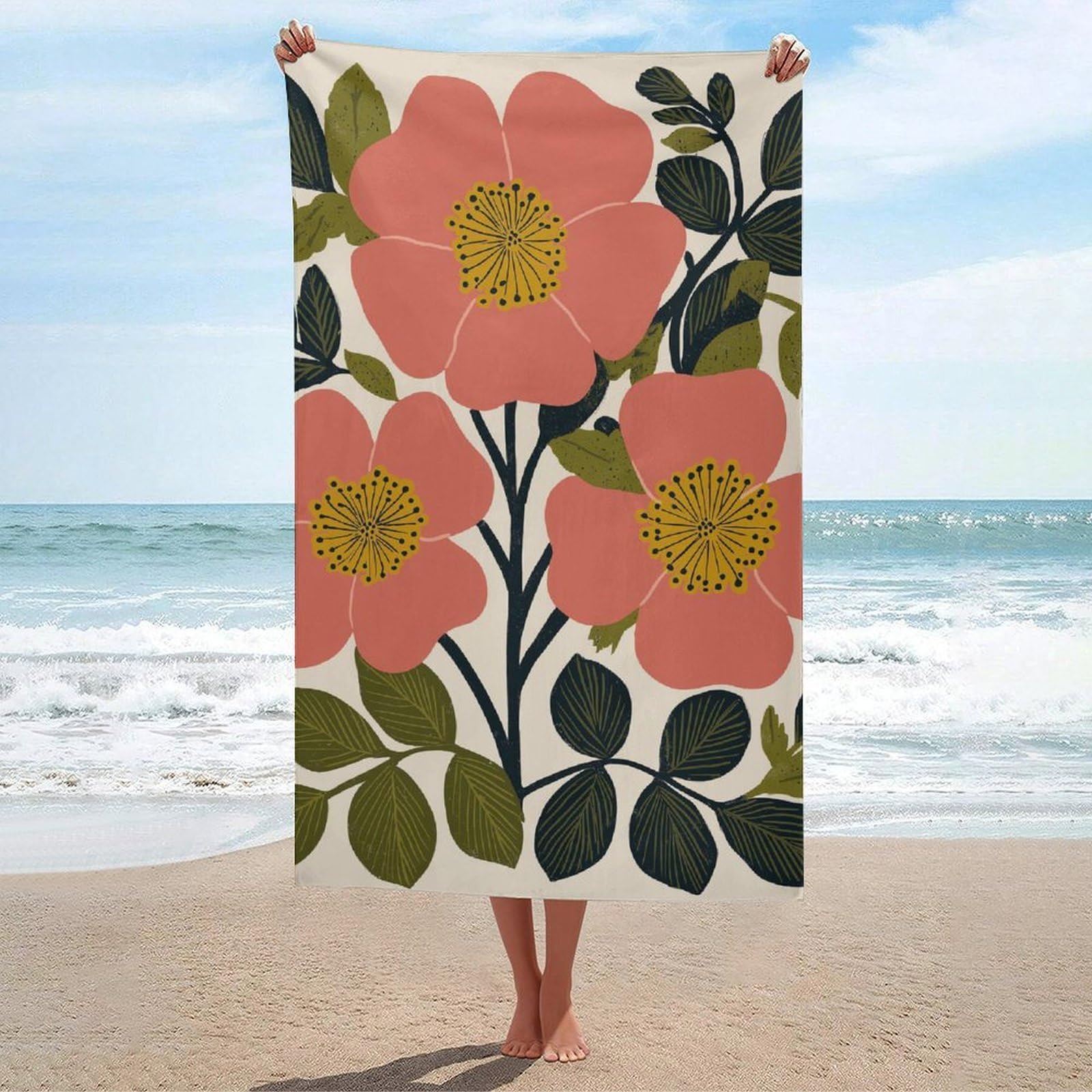 asbwuo Mid-Century Botanical Pink Rose Flowers Beach Towel