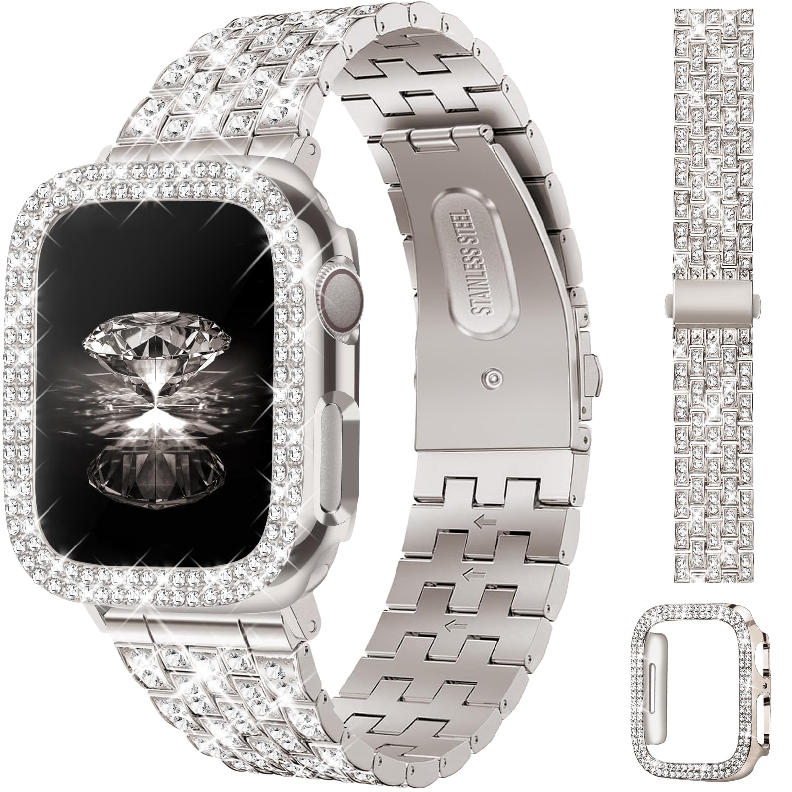 JR.DM Diamond Bands with Bling Case Women Compatible with Apple Watch 40mm 38mm 41mm 44mm 45mm 42mm 46mm 49mm Luxury Metal Bracelet Replacement Strap