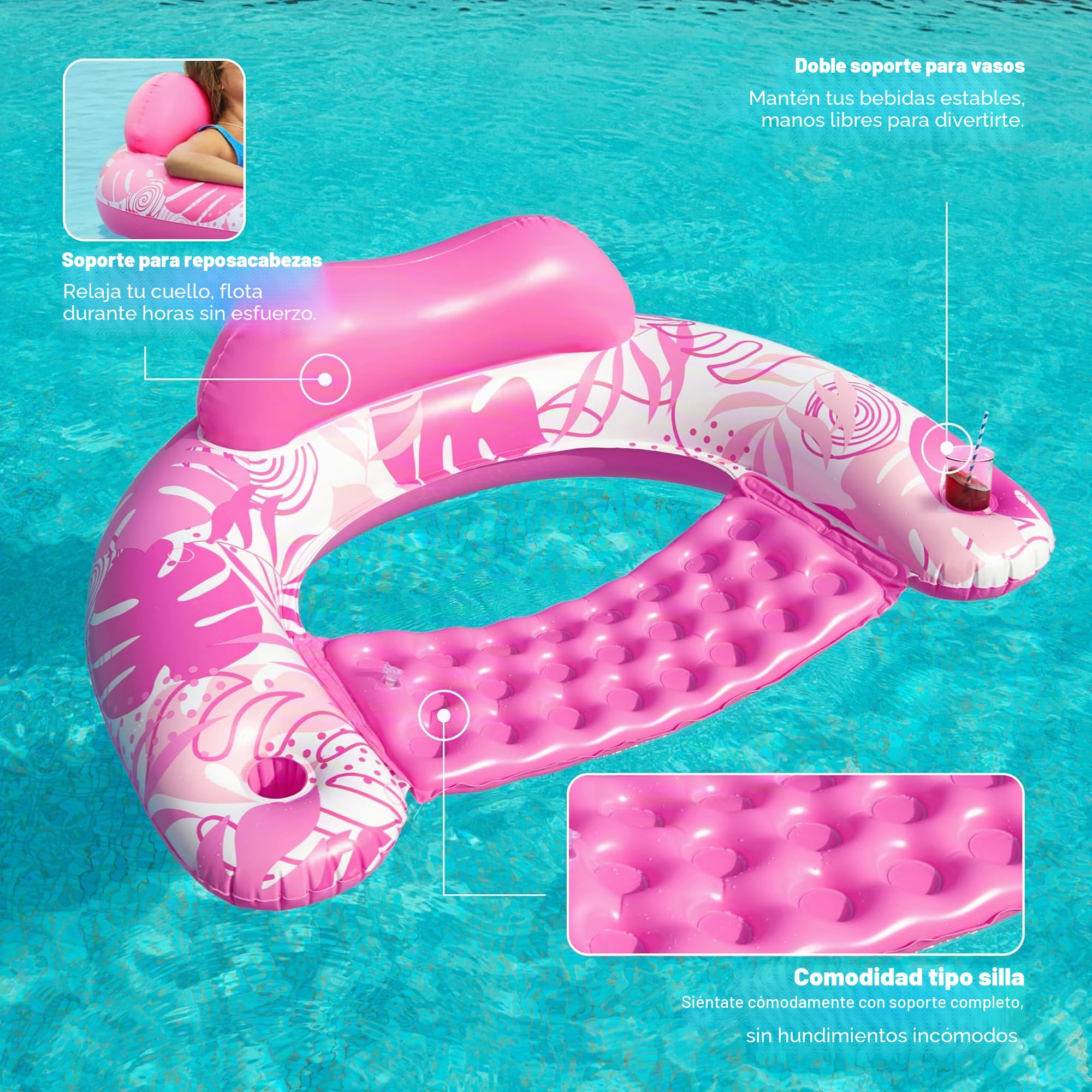 SLOOSH Flotadores Inflables para Adultos, 2 Paquetes de Sillas de Piscina con Portavasos, Silla Flotante Inflable, Hamaca con Diseño de Hojas para Fiesta de Natación de Verano en la Playa, Azul, Verde