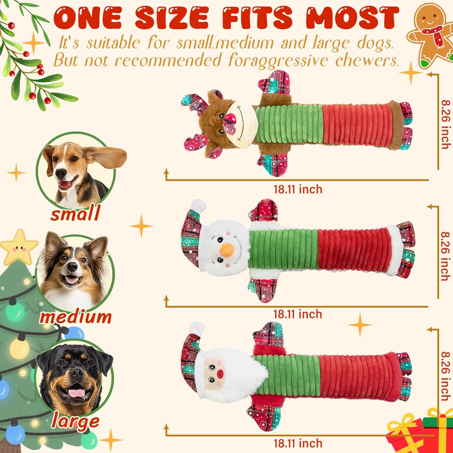 3 Pack Christmas Dog Toys, No Stuffing Squeaky Chew Toys with Squeaker and Crinkle - Santa, Reindeer and Snowman, Flat Plush Puppy Toy for Interactive Tug-of-War Play