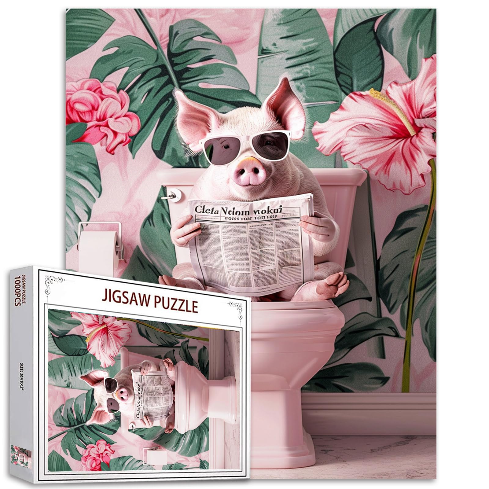 Tucocoo 1000 Pieces Jigsaw Puzzle for Adults Funny Pink Pig Animal on Toilet Palm Leaf Art Challenging Family Activity Game Colorful DIY Crafts Wall Decor Gifts