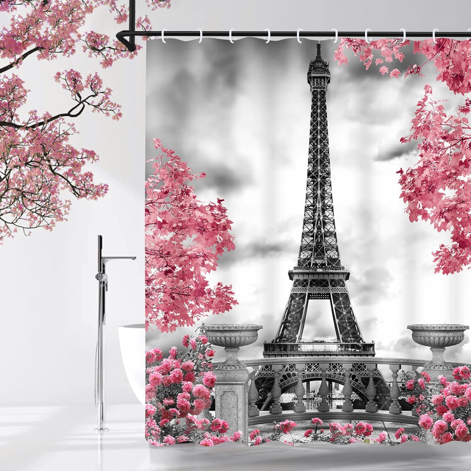 Claswcalor Paris Eiffel Tower Shower Curtain, Pink and Grey Shower Curtains for