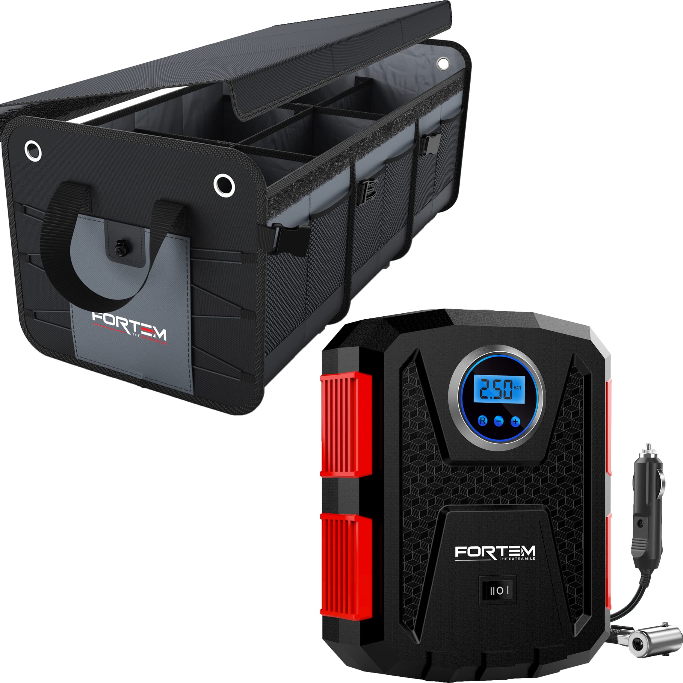 FORTEMCar Trunk Organizer (3 Compartment, Grey) + Portable Tire Inflator
