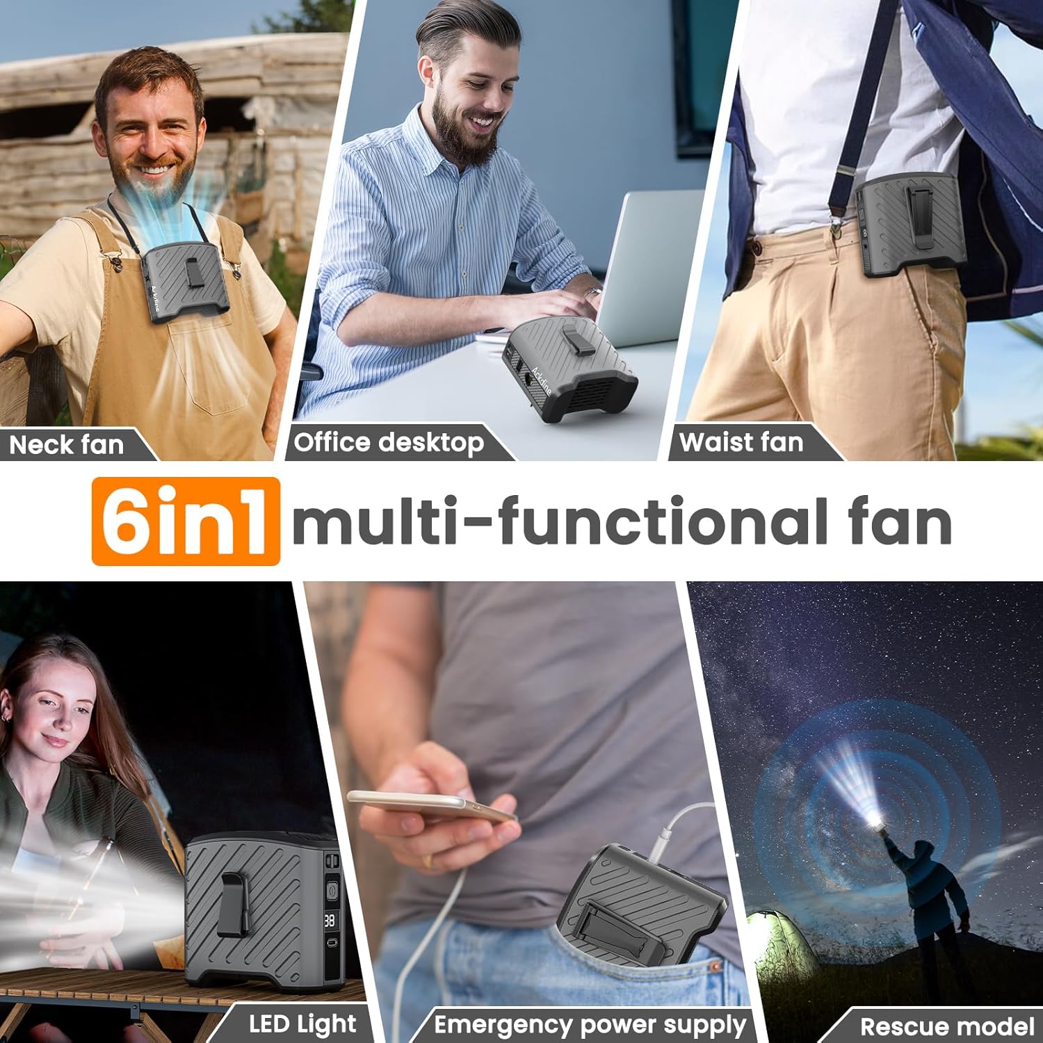 6-in-1 Hands Free Clip On Waist Neck Fan, 10000mAh Rechargeable, 16000RPM 4-Speed, 130° Wide Angle, LED SOS, Type-C Power Bank, 8-40h Runtime for Outdoor Camping Office (Gray)