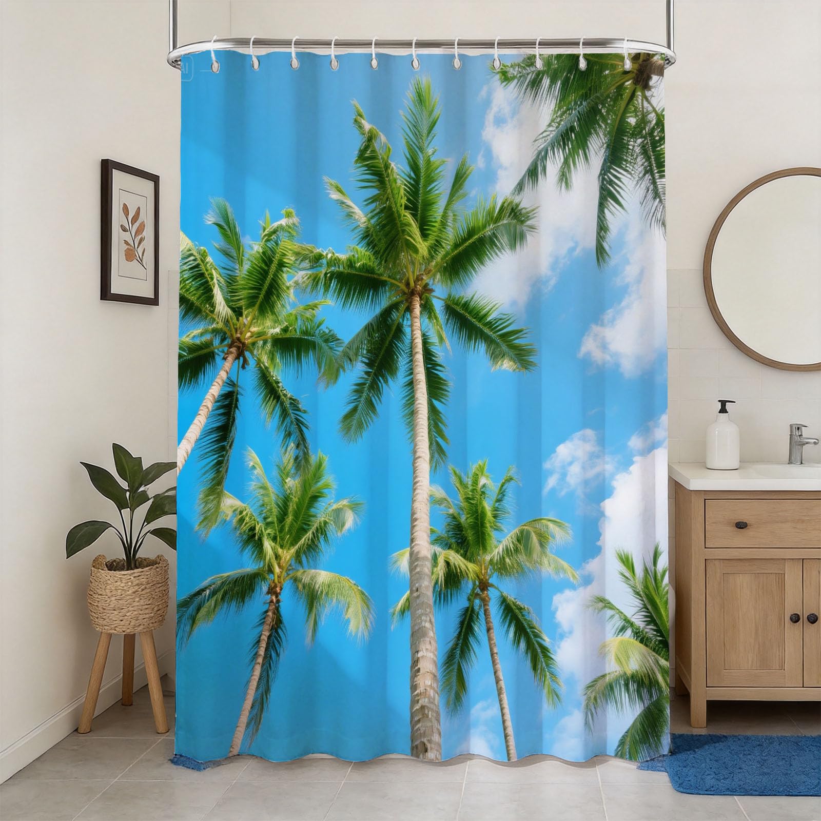 Hongduo 3D Tropical Coconut Tree Shower Curtain for Stalls Bathtubs Sandy Beach Bathroom Decor Shower Curtain Set Polyester Fabric Waterproof 180x180cm/71X71 Inch with Hooks